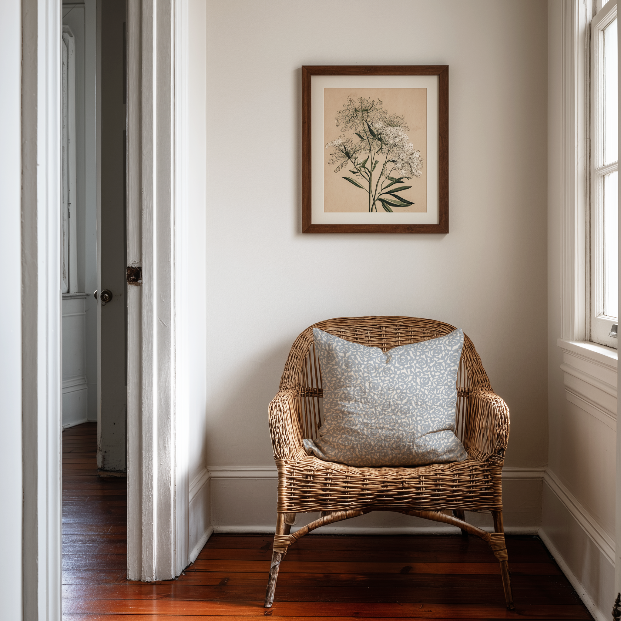 Gardenia linen throw pillow in Marina by Emily Daws styled on a rattan chair in a Charleston home.