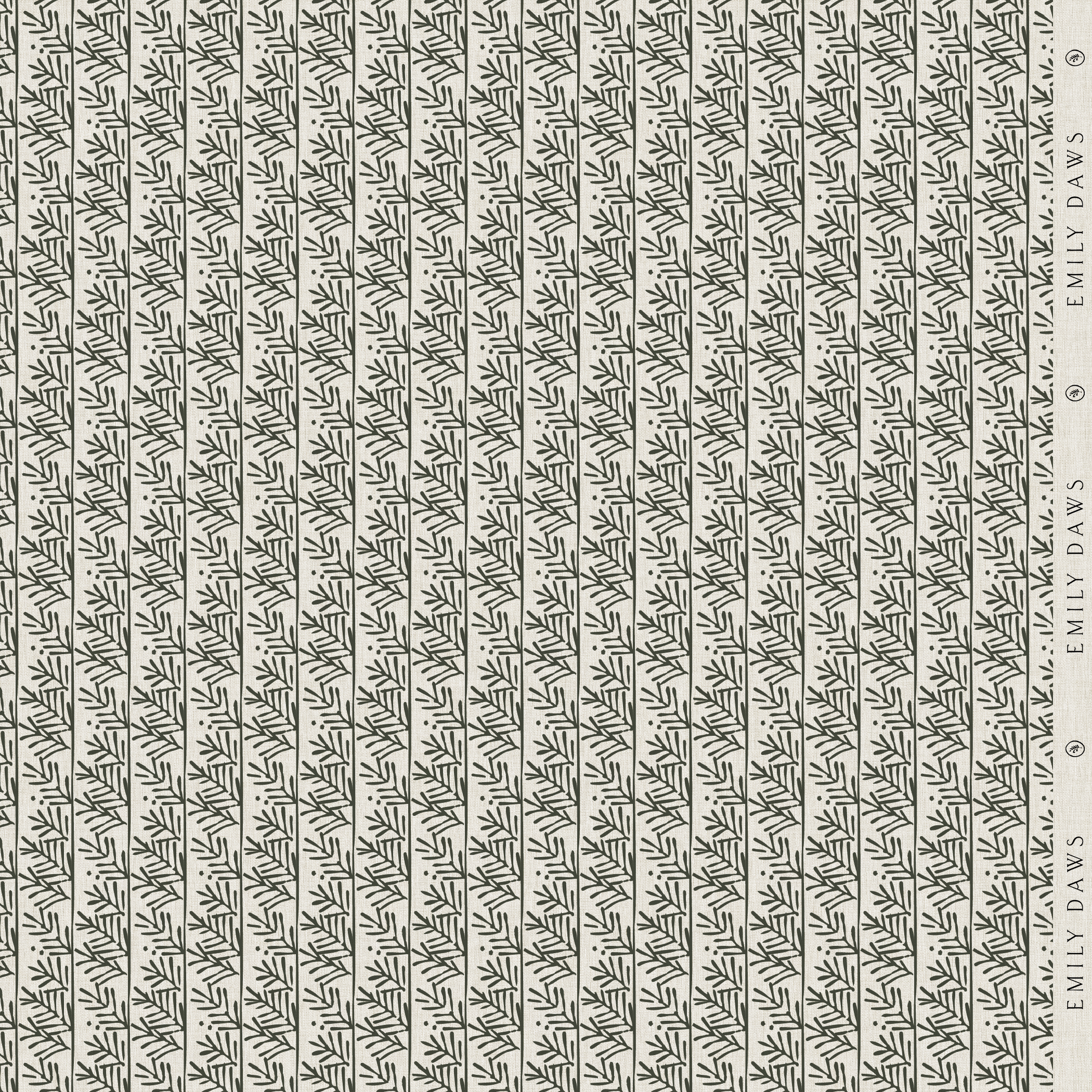 hemlock holly fabric by emily daws featuring deep green botanical pattern on natural linen by the yard