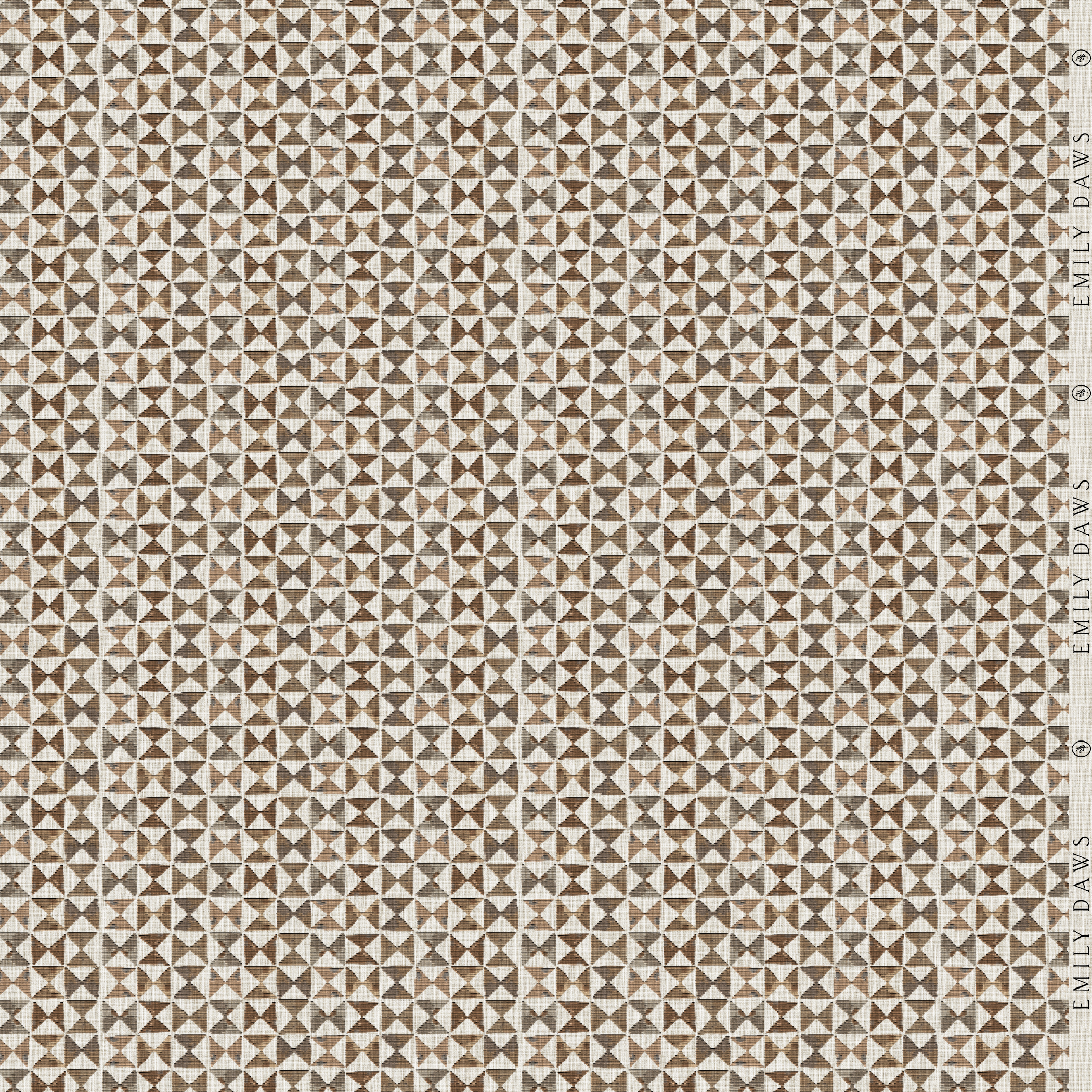 kaleidoscope copper fabric by emily daws featuring warm rust geometric pattern on natural linen by the yard