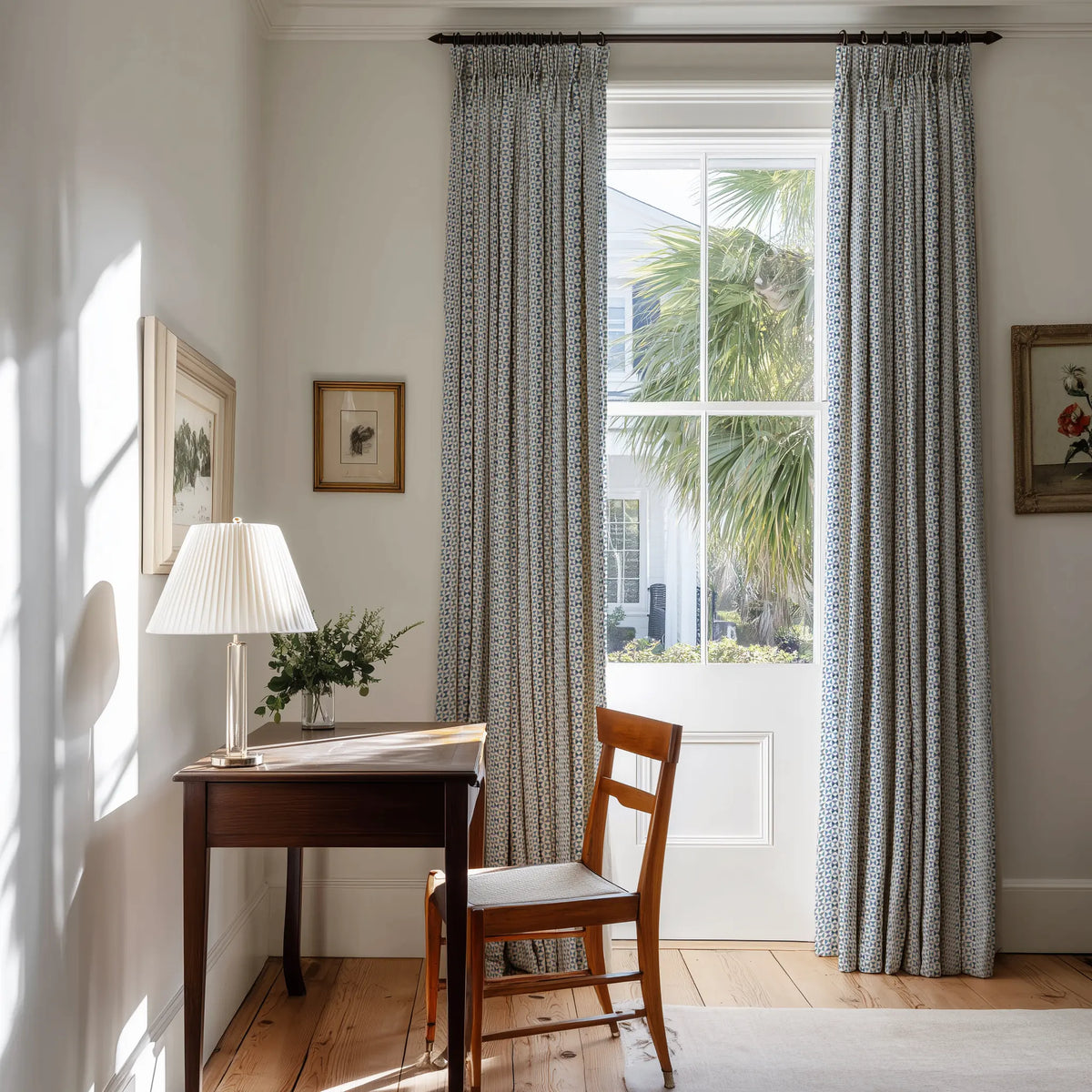 Kaleidoscope fabric in Iris by Emily Daws styled in an interior — Fauna Collection
