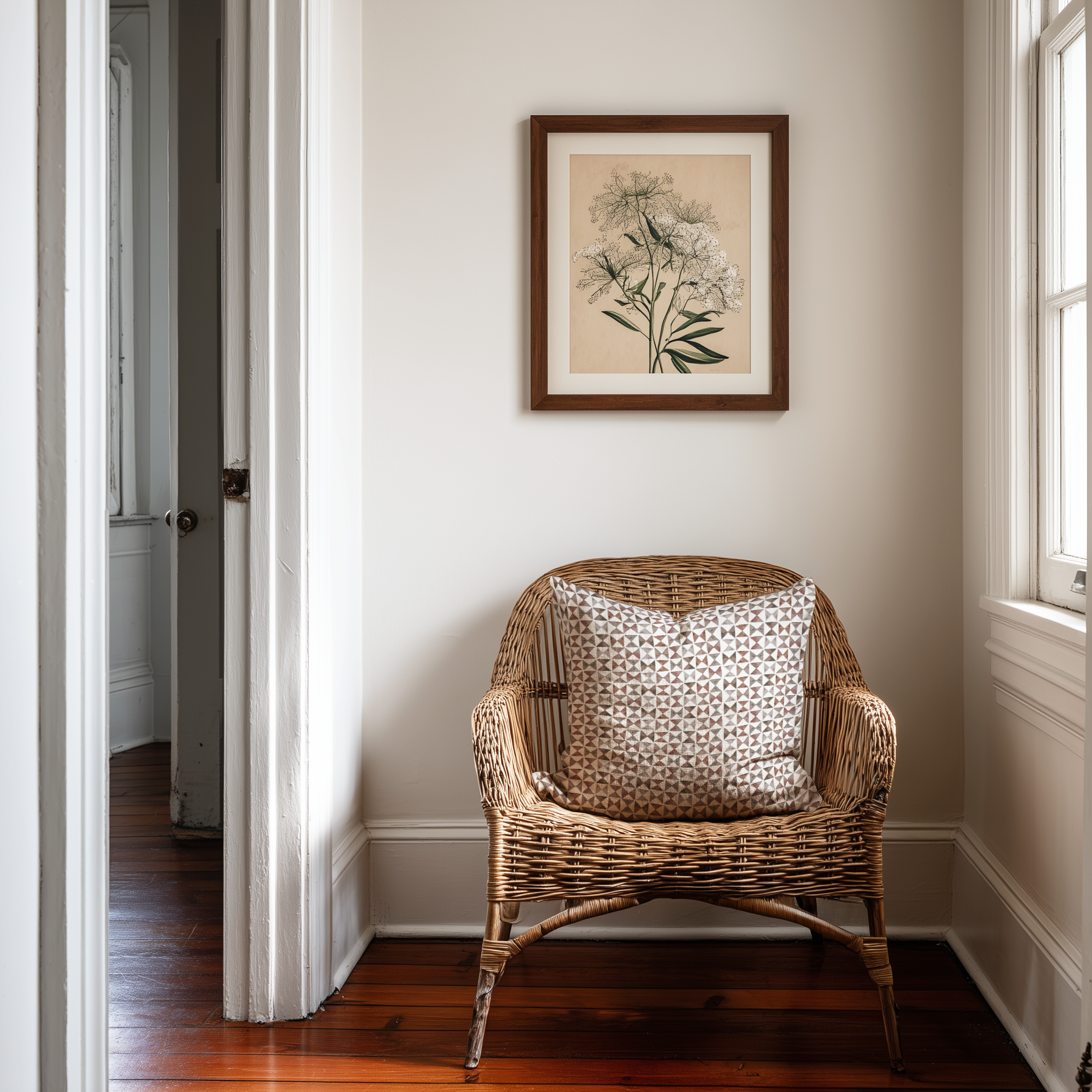 Kaleidoscope linen throw pillow in Cranberry by Emily Daws styled on a rattan chair in a Charleston home.