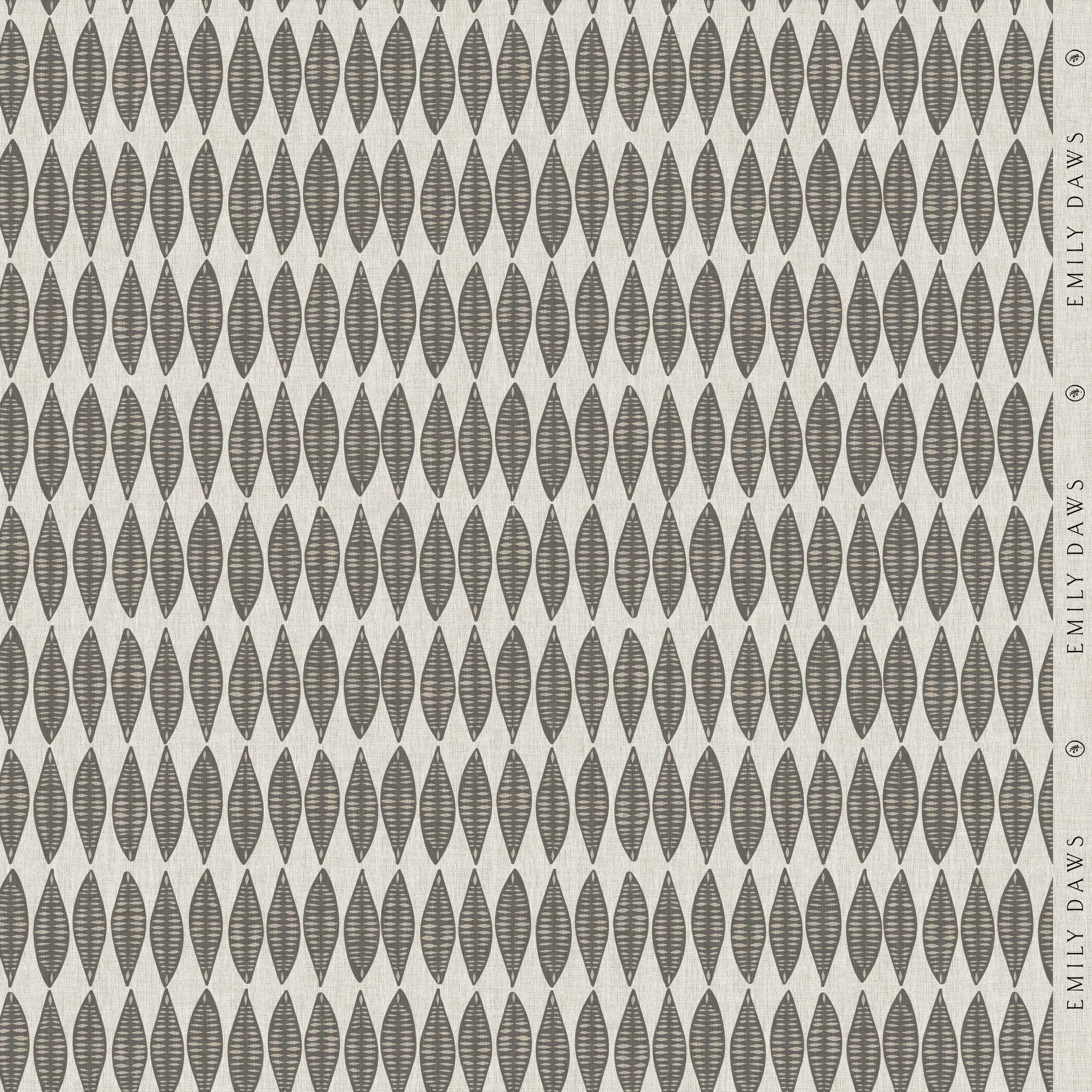 leaflette peppercorn fabric by emily daws featuring charcoal botanical pattern on natural linen by the yard
