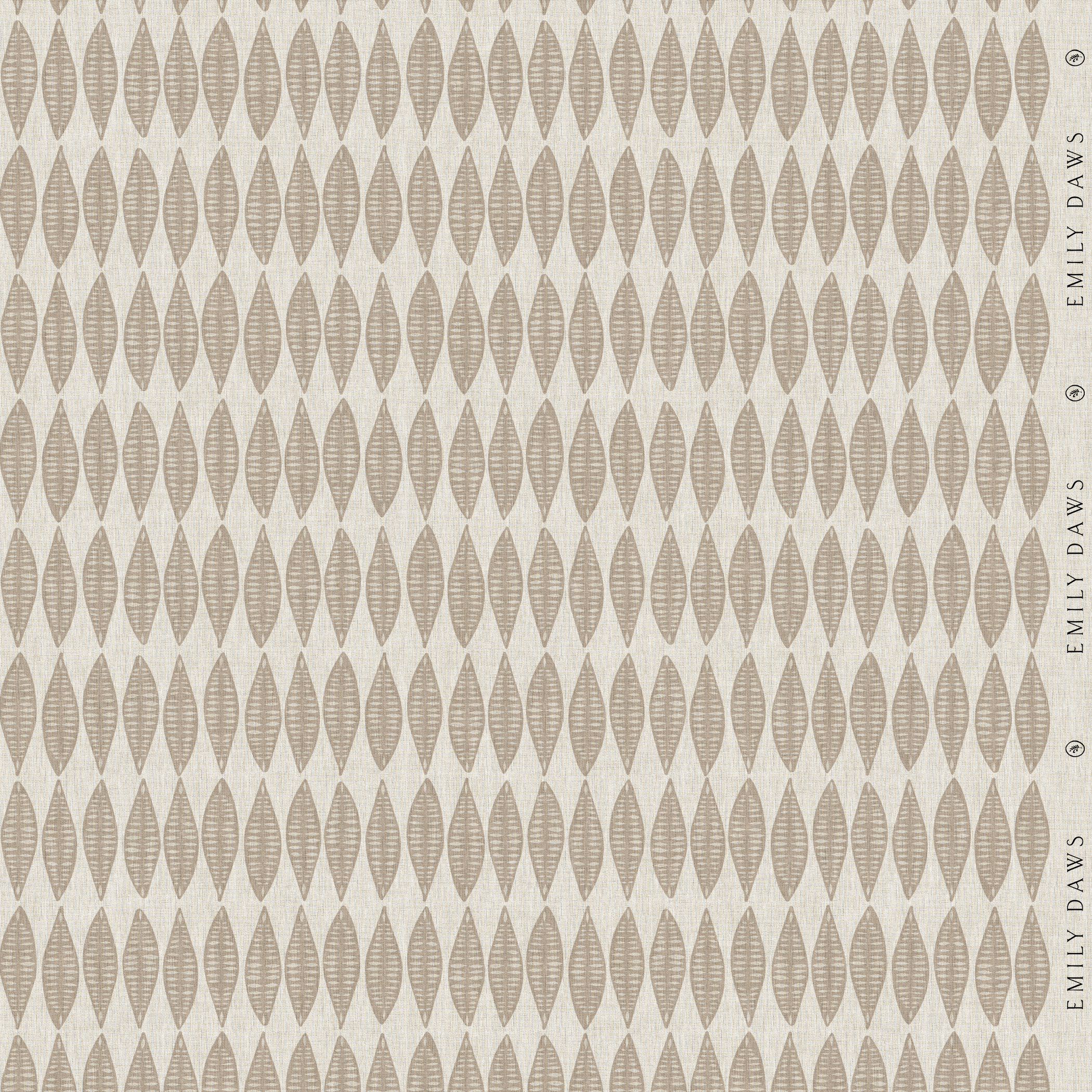 leaflette suede fabric by emily daws featuring warm taupe botanical pattern on natural linen by the yard