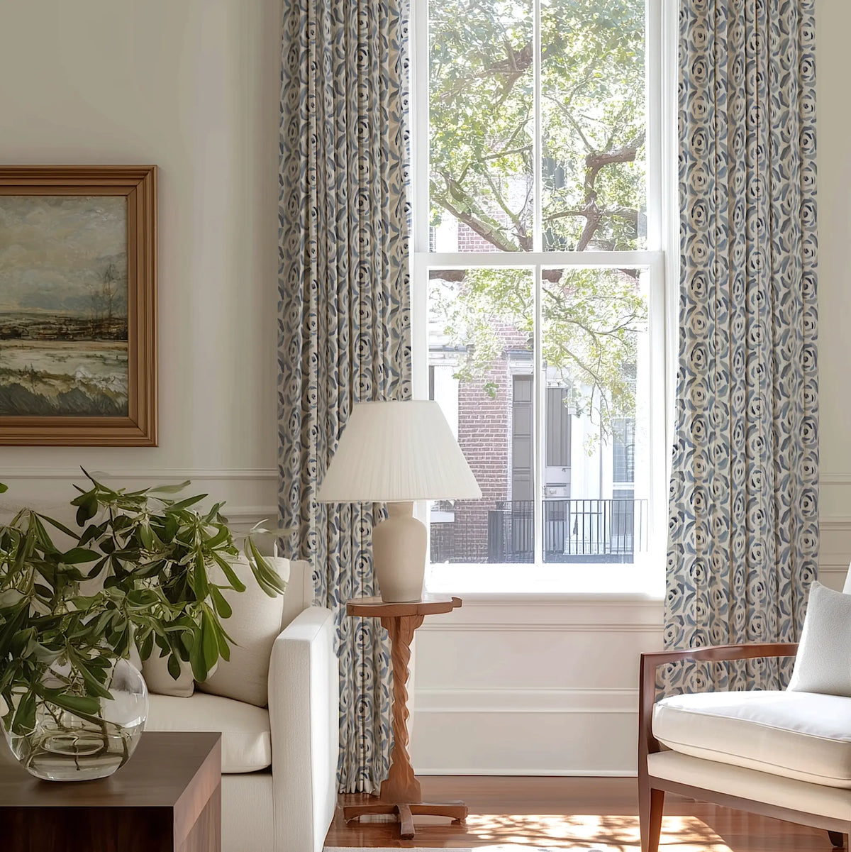 Magnolia fabric in Slate by Emily Daws styled in an interior — Charleston Collection