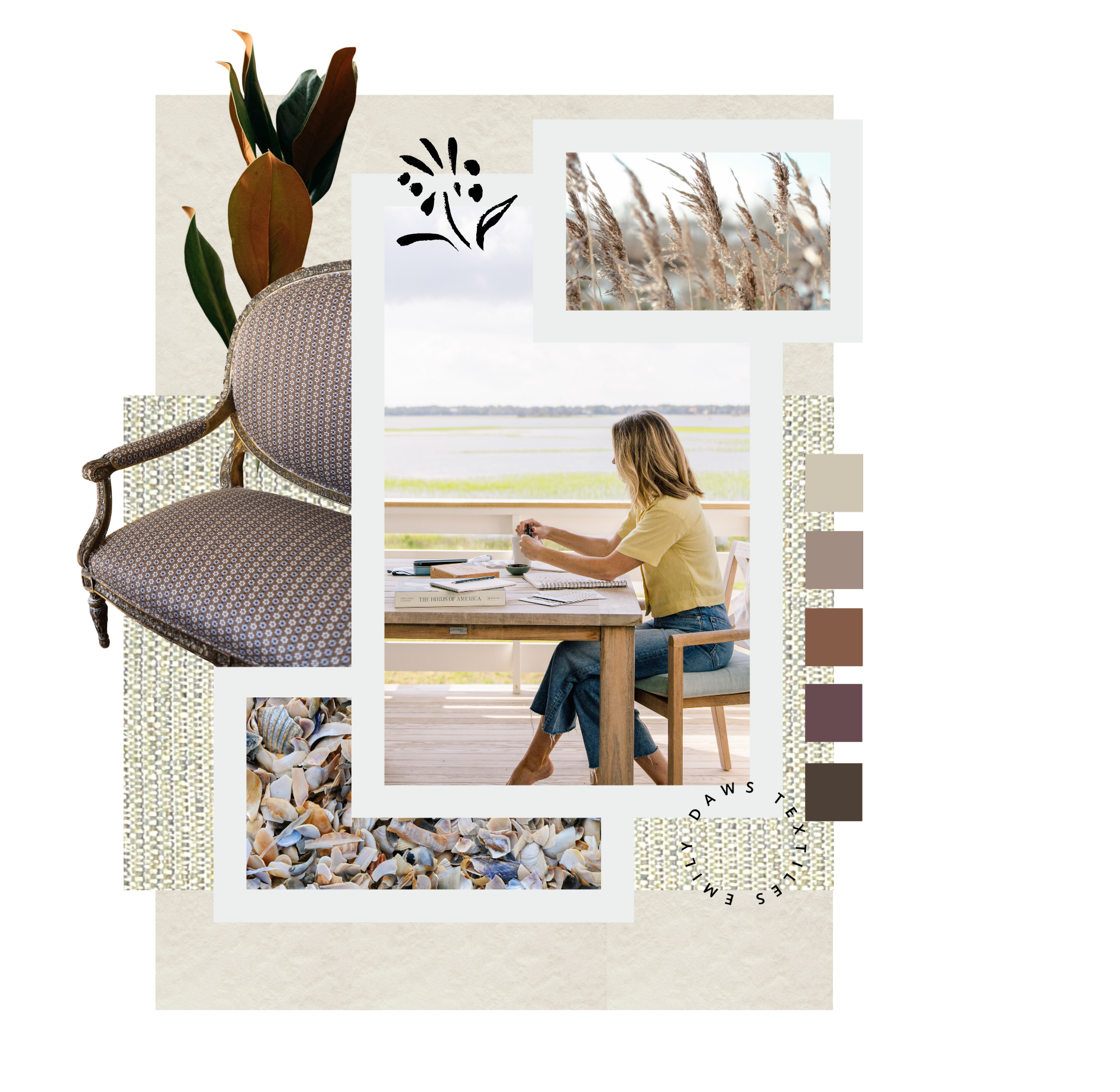Collage of a chair, desk, and scenic images with color swatches on a white background
