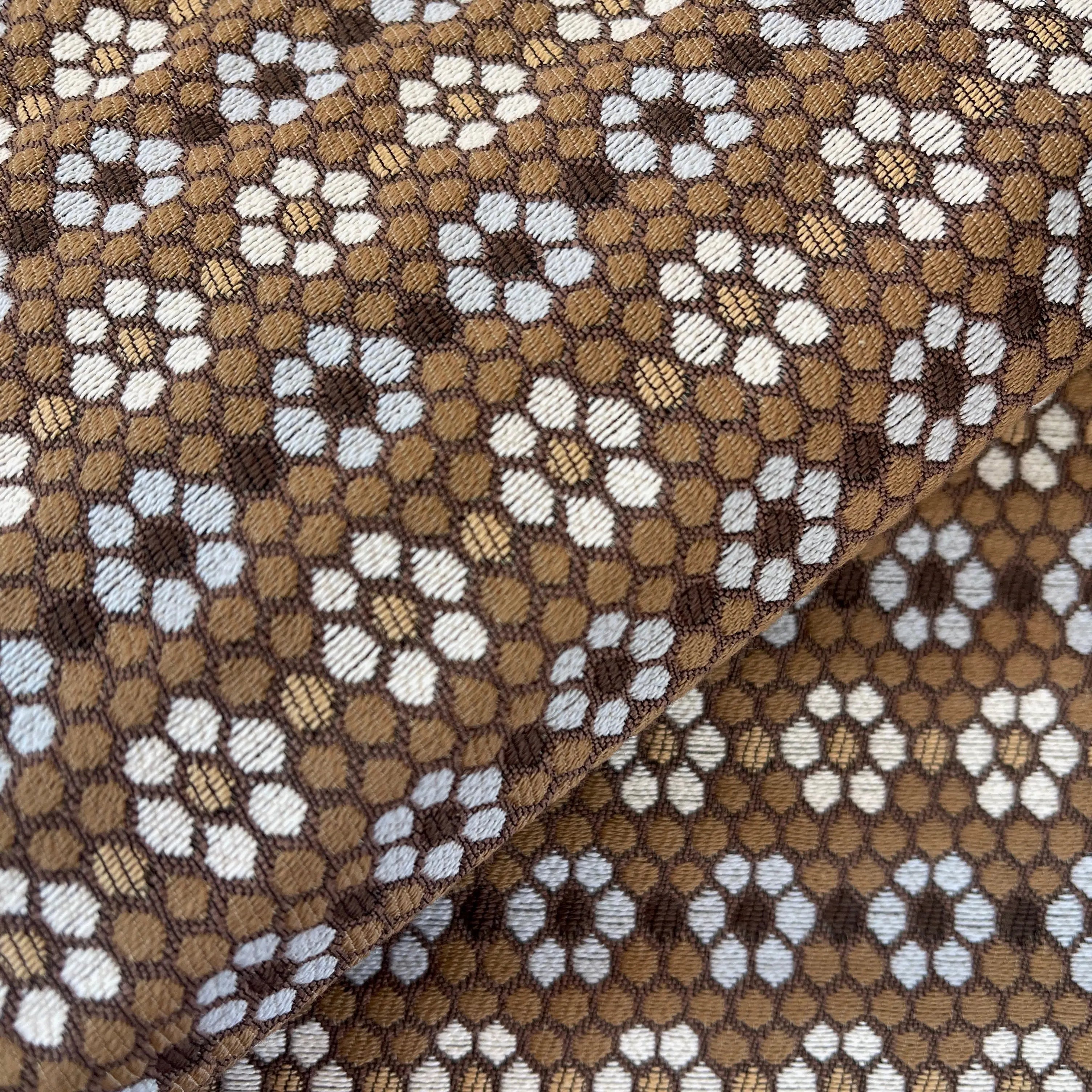Nectar fabric in Walnut by Emily Daws — close-up detail of woven upholstery fabric, Fauna Collection
