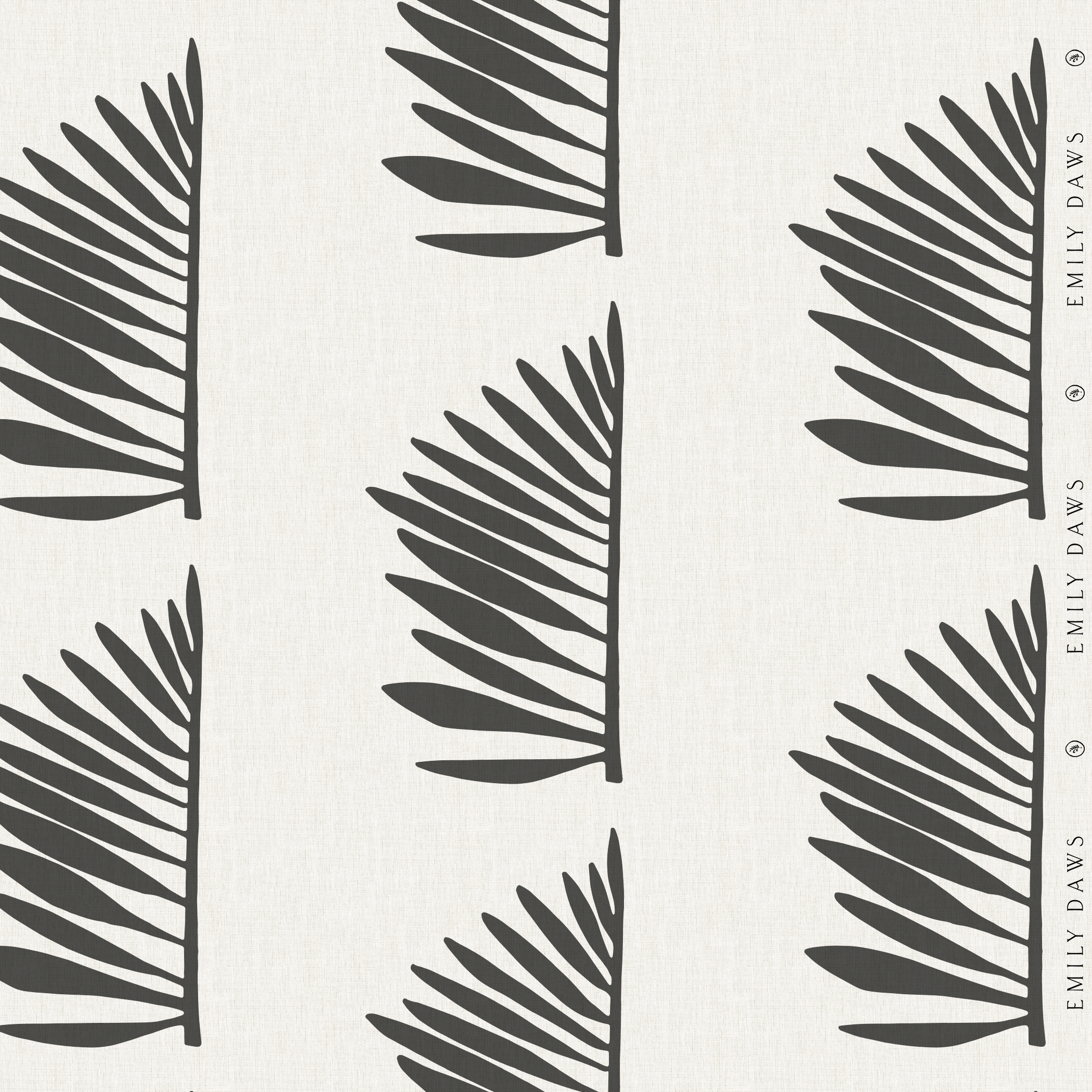 palmetto fabric in jet by emily daws featuring bold black palm fronds on white linen for interior design