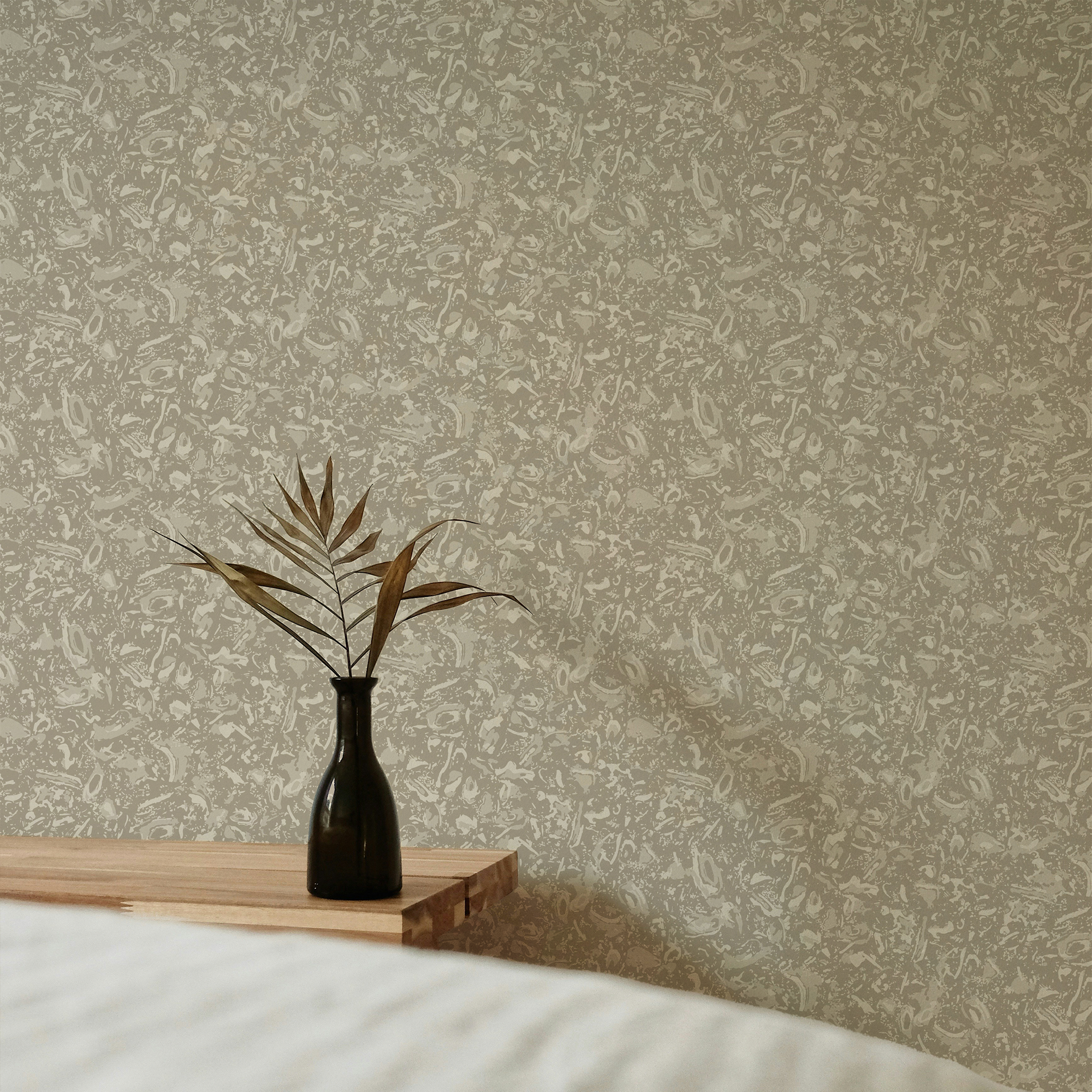 River Reef wallpaper in Natural styled by Emily Daws β beach house bedroom with layered textures