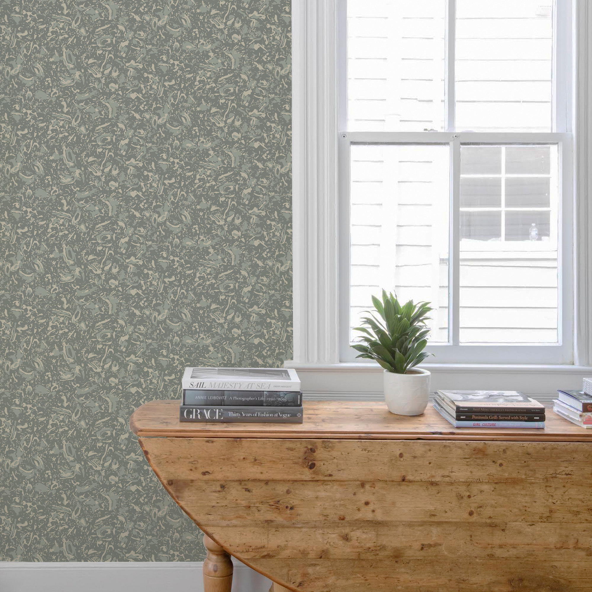 River Reef wallpaper in Ocean styled by Emily Daws – luxury coastal look for waterfront dining room