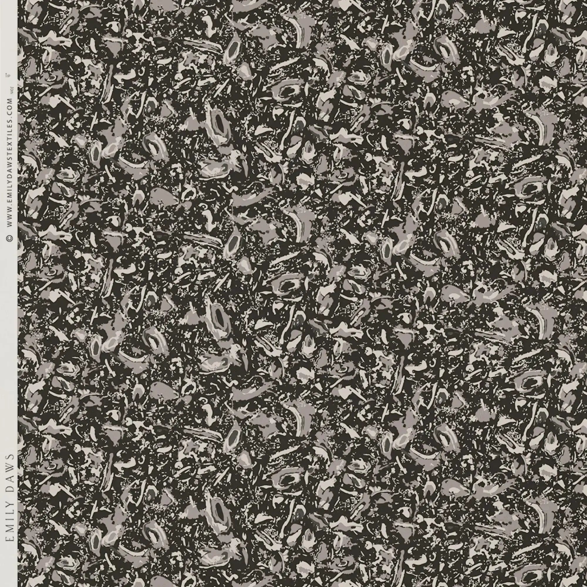 River Reef coastal wallpaper in Coal by Emily Daws – product view of repeating oyster shell motif for interior walls