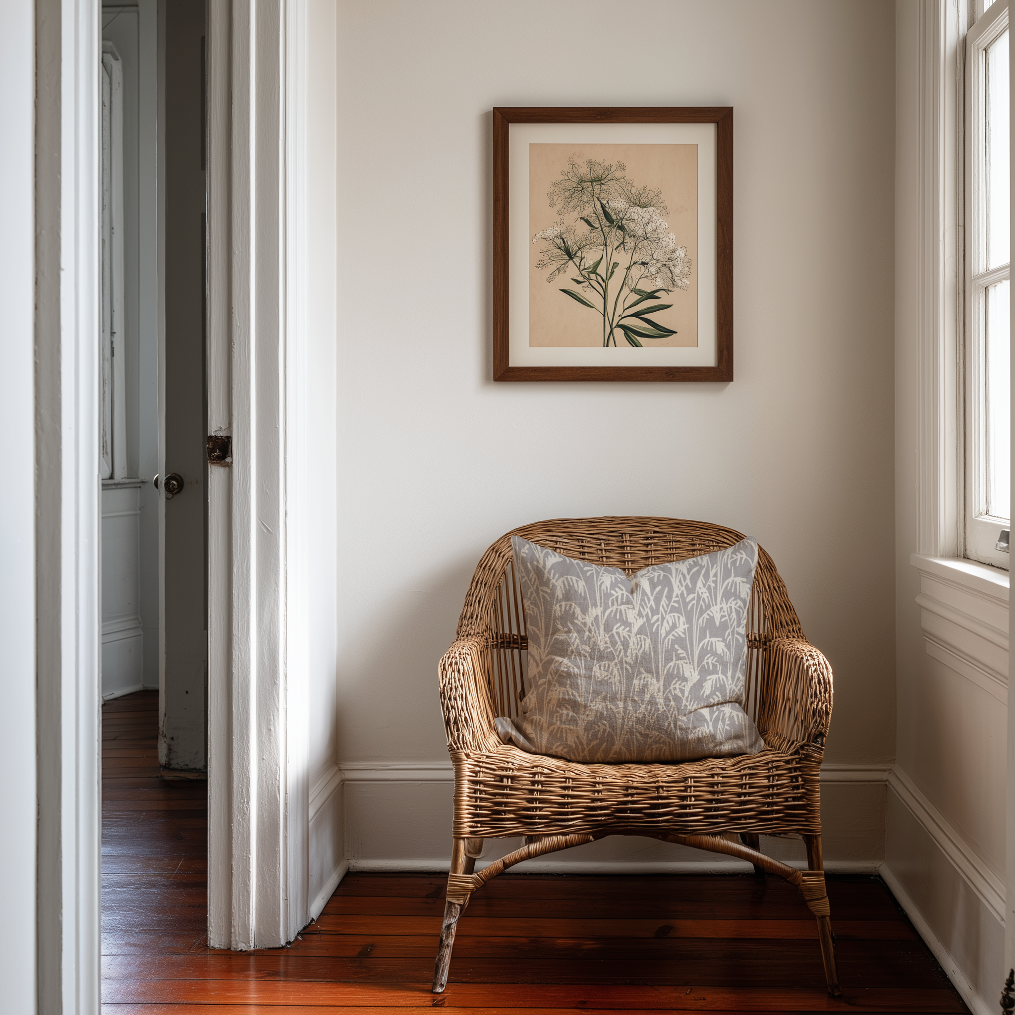 Seabrook linen throw pillow in Twilight by Emily Daws styled on a rattan chair in a Charleston home.