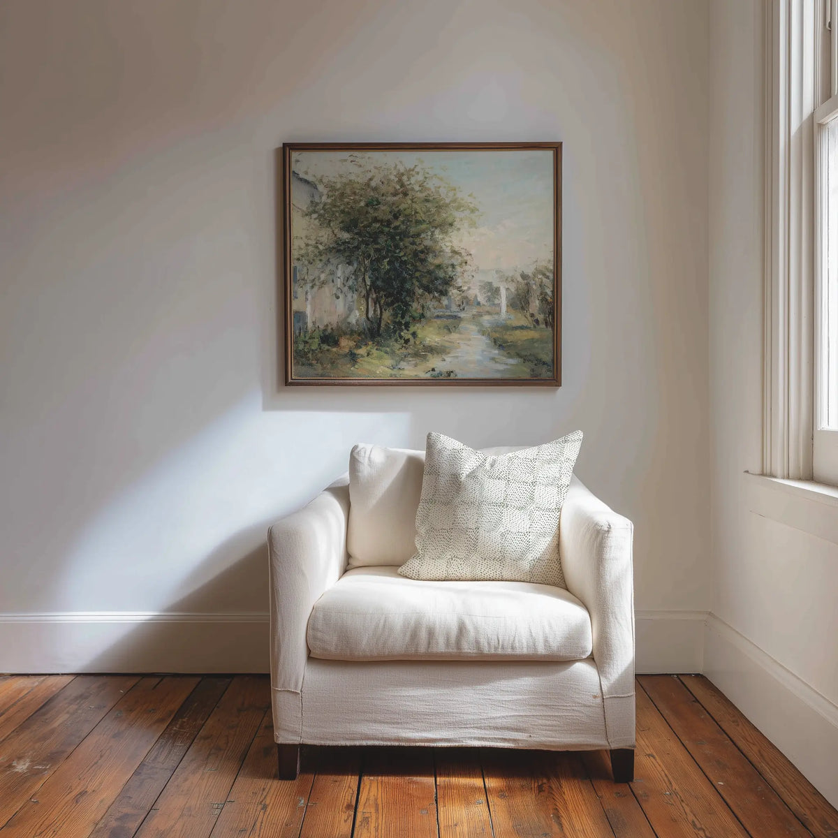 Speckled Check fabric in Chive by Emily Daws styled in an interior — Fauna Collection
