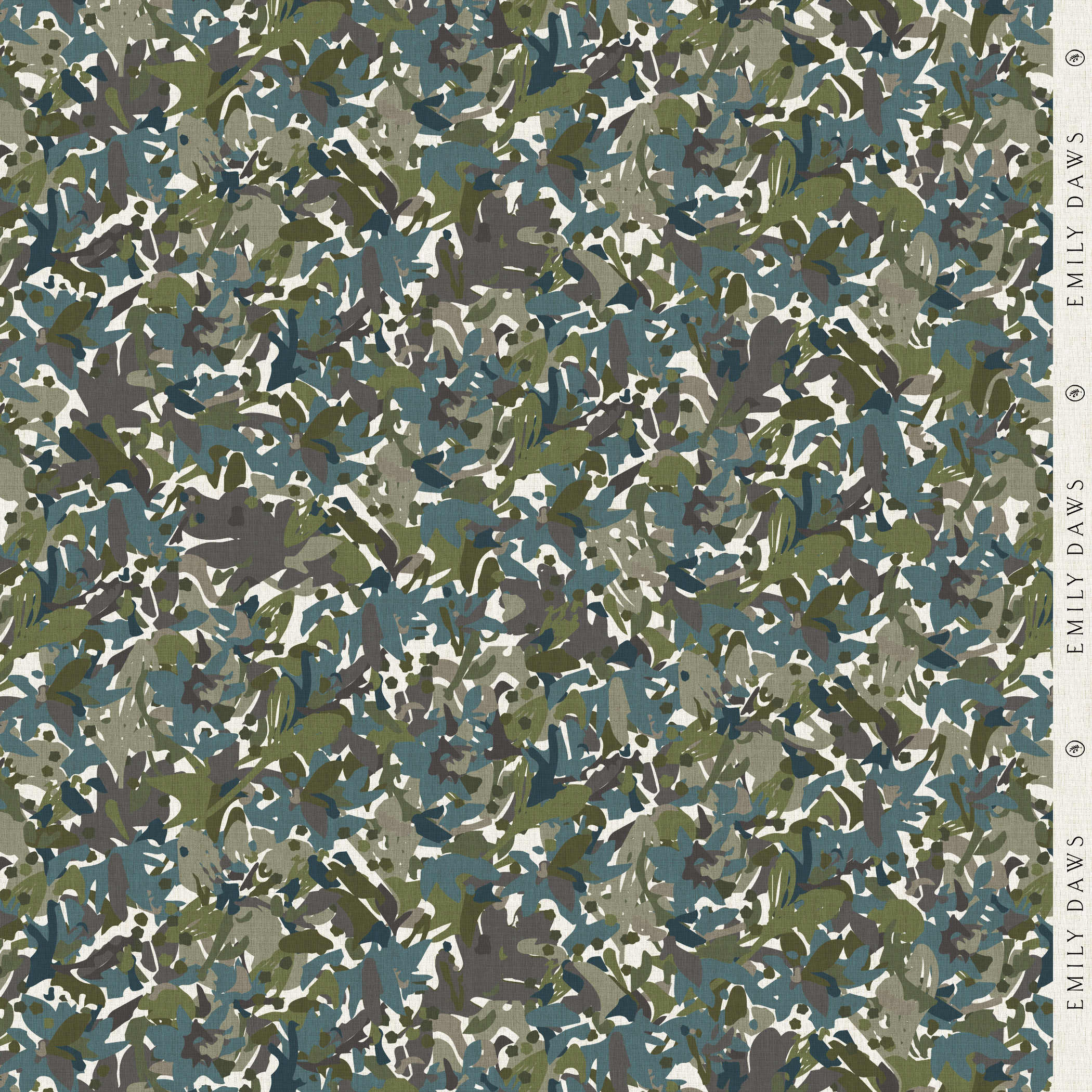 thicket emerald fabric by emily daws featuring rich green botanical pattern on natural linen by the yard