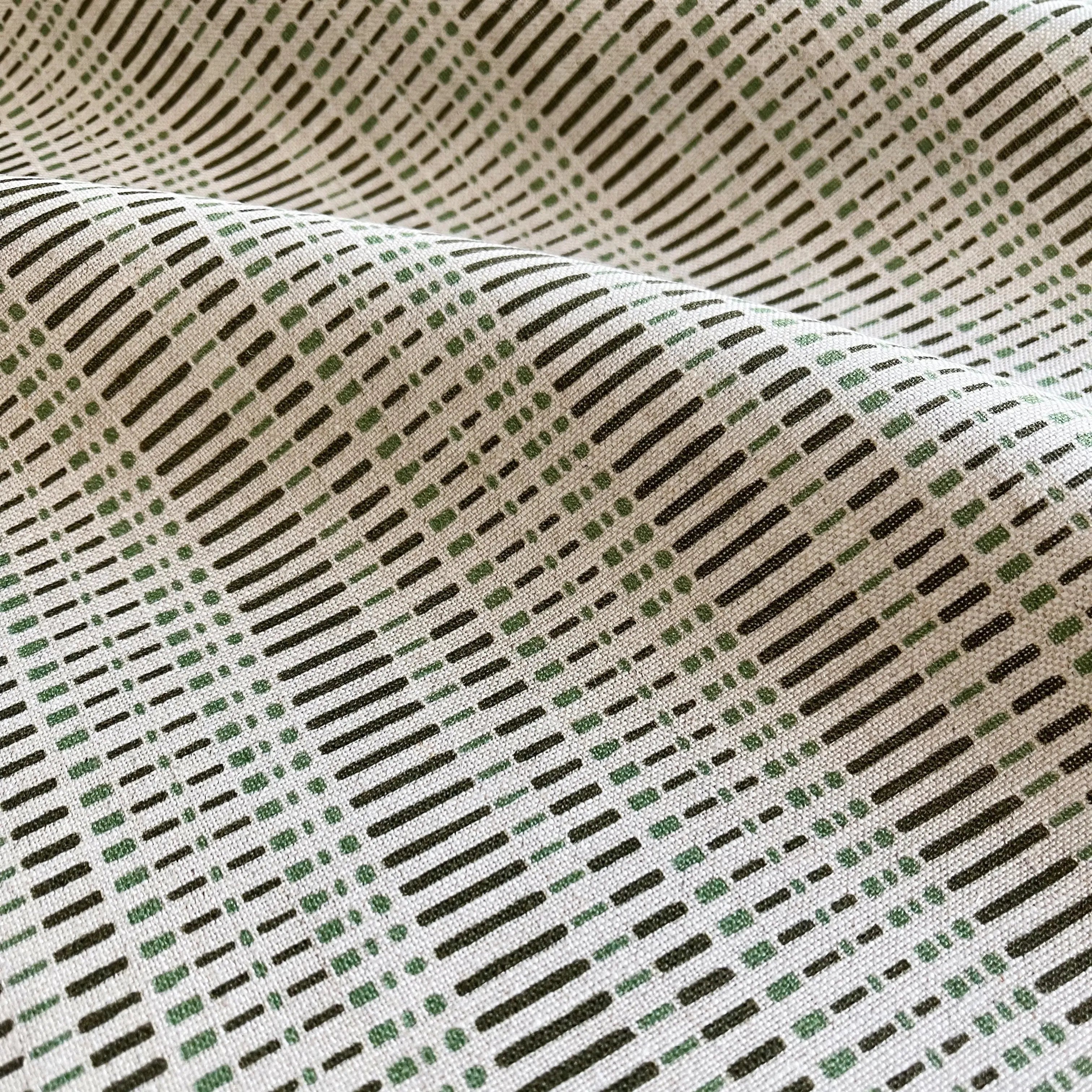 Birch fabric in Evergreen by Emily Daws — close-up detail of Belgian linen, Flora Collection