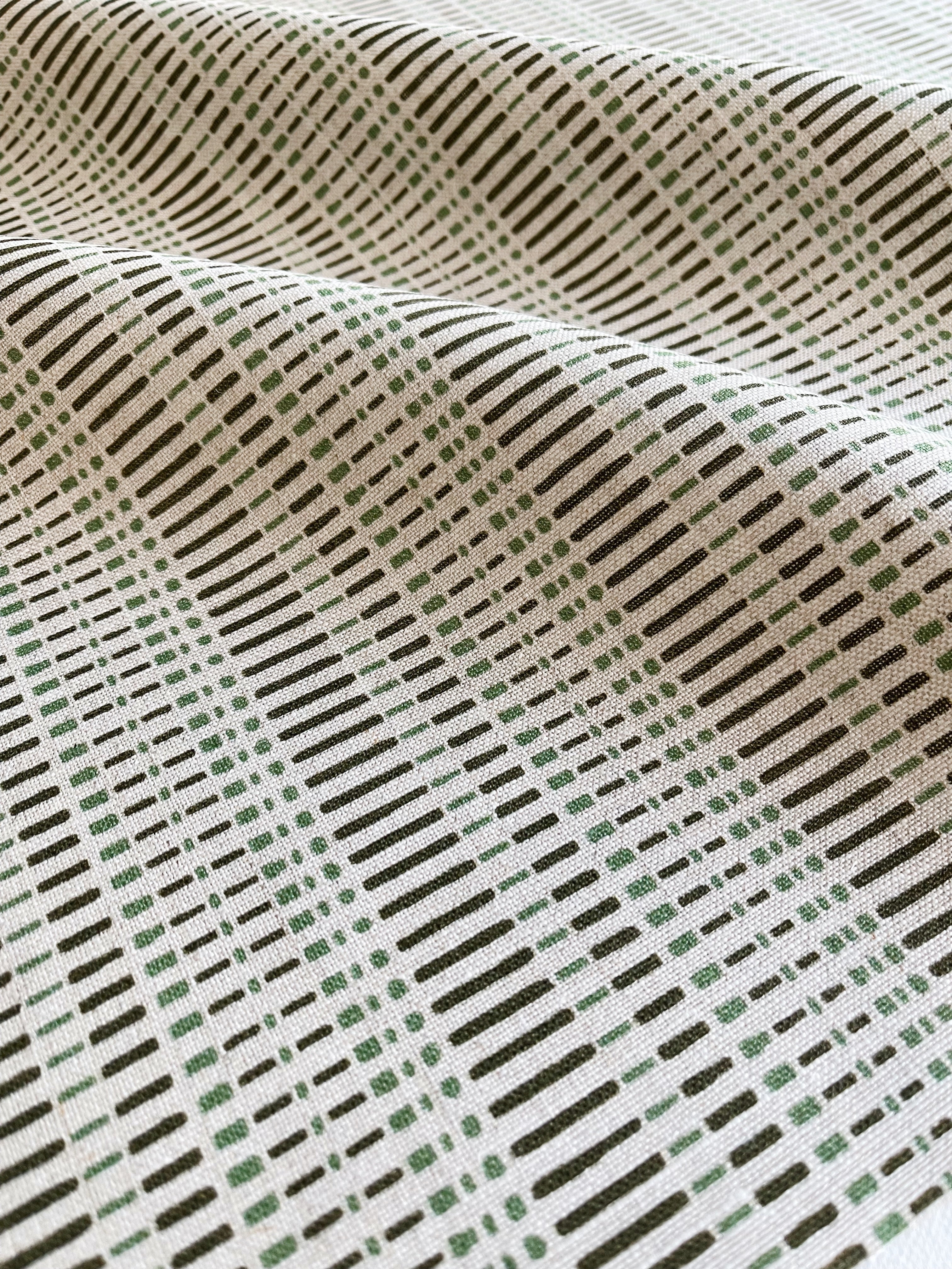 Birch pillow in Evergreen – fabric detail showing botanical print and linen texture from Flora Collection