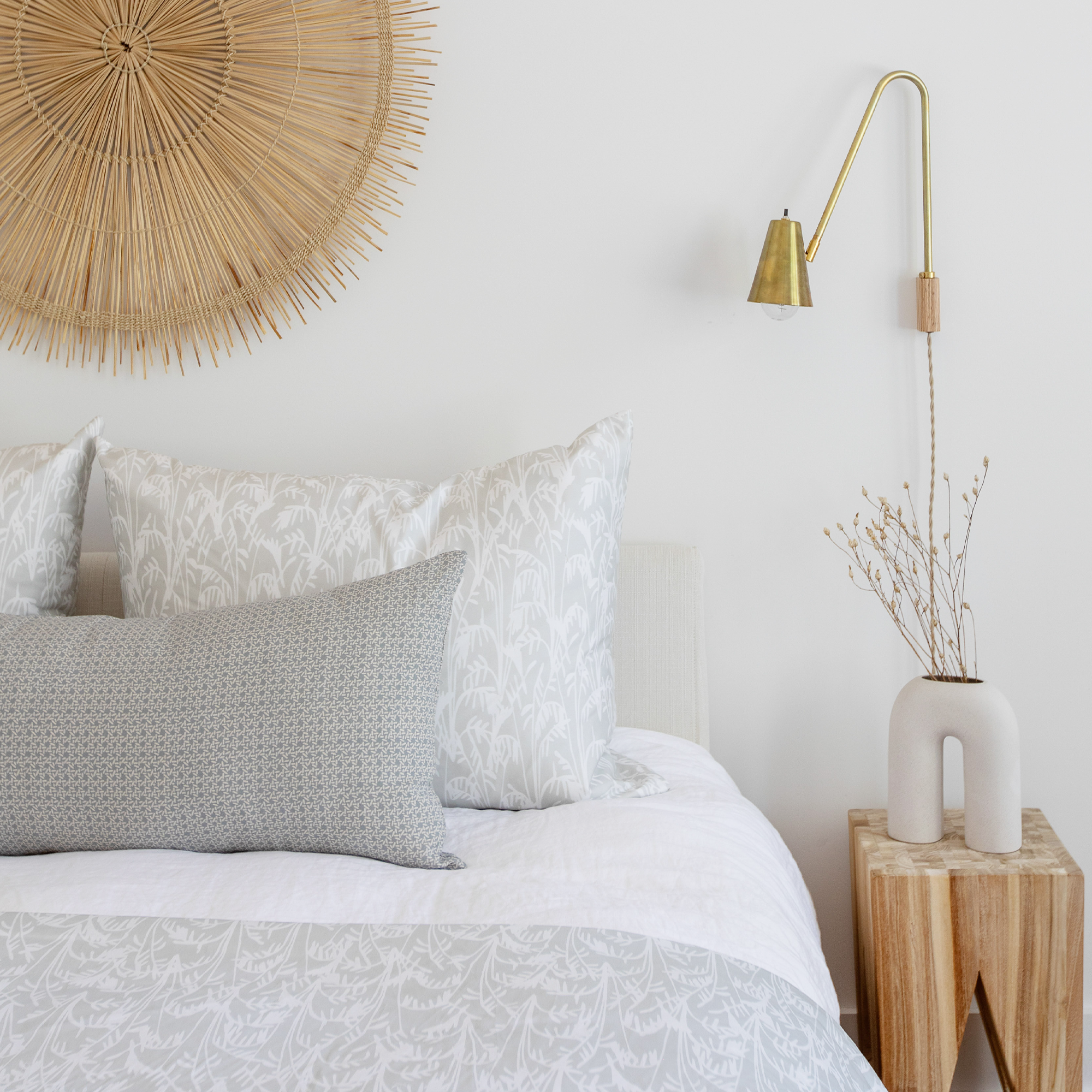 Carolina Rice pillow in Chambray styled by Emily Daws – mixed with other patterns in a classic Southern bedroom