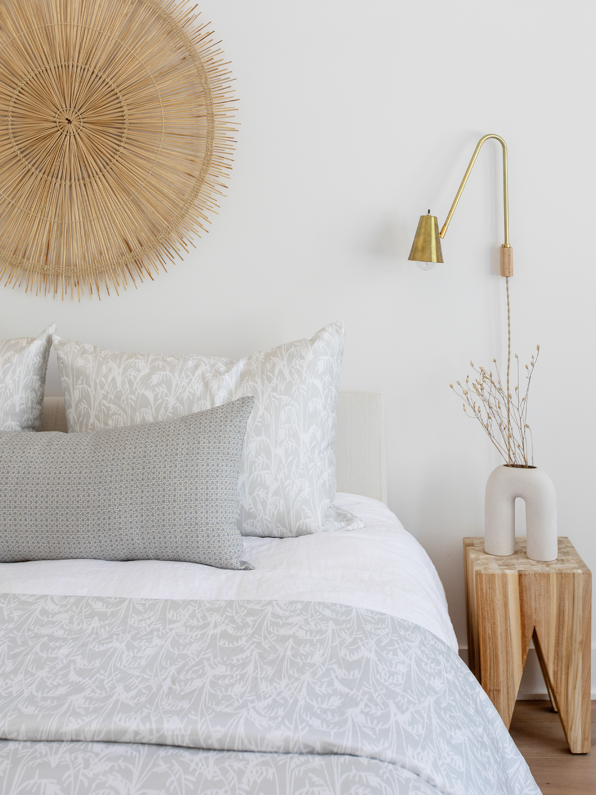 Carolina Rice pillow in Chambray styled by Emily Daws – mixed with other patterns in a classic Southern bedroom