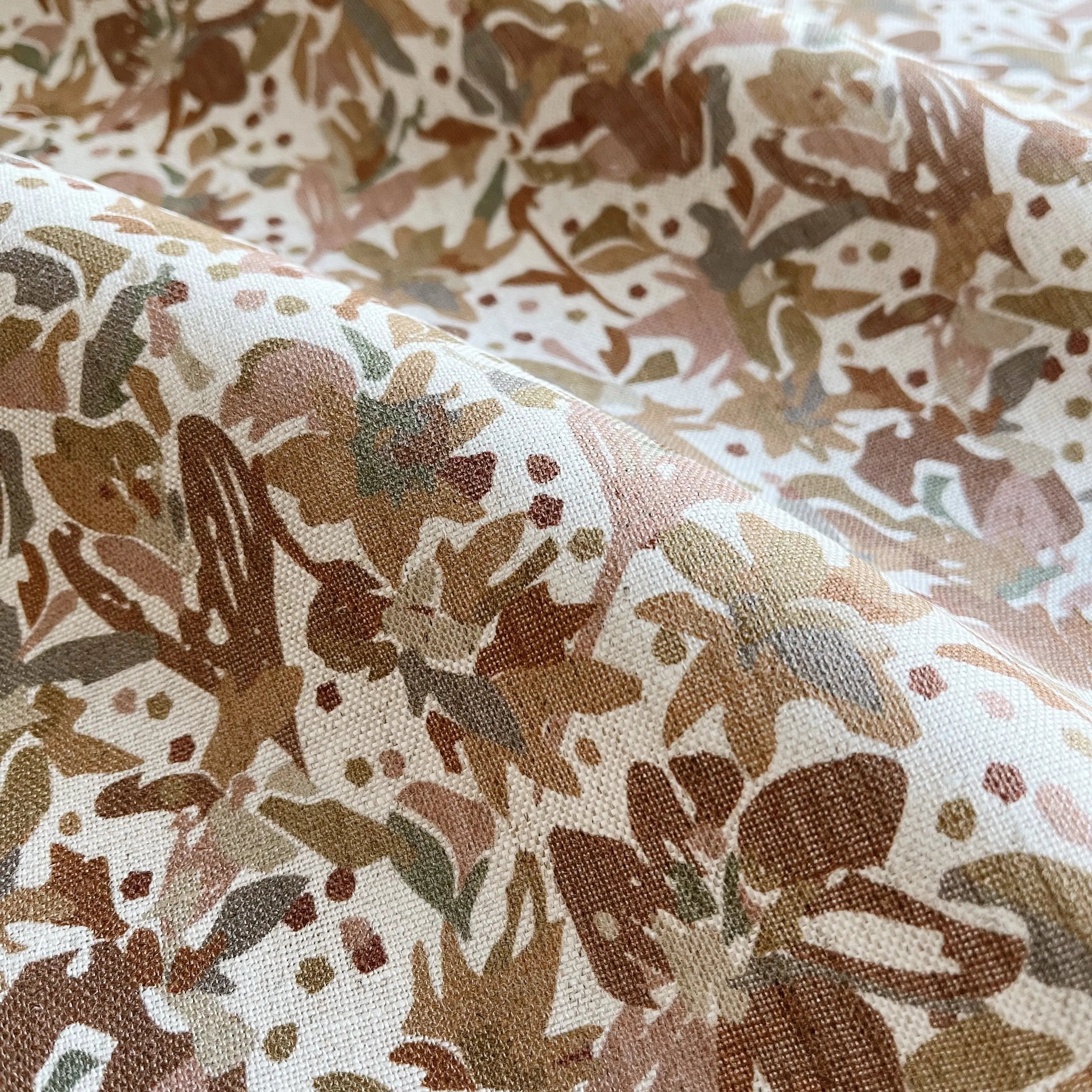 Eden fabric in Autumn by Emily Daws β close-up detail of Belgian linen, Flora Collection