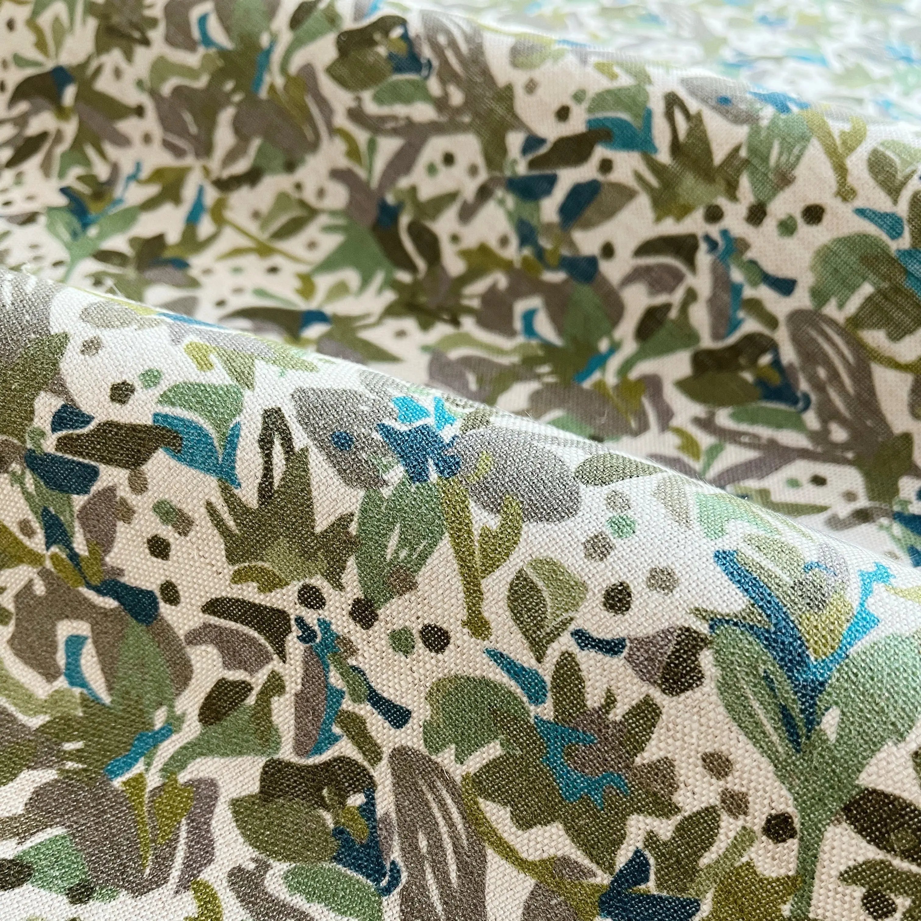 Eden fabric in Emerald by Emily Daws β close-up detail of Belgian linen, Flora Collection