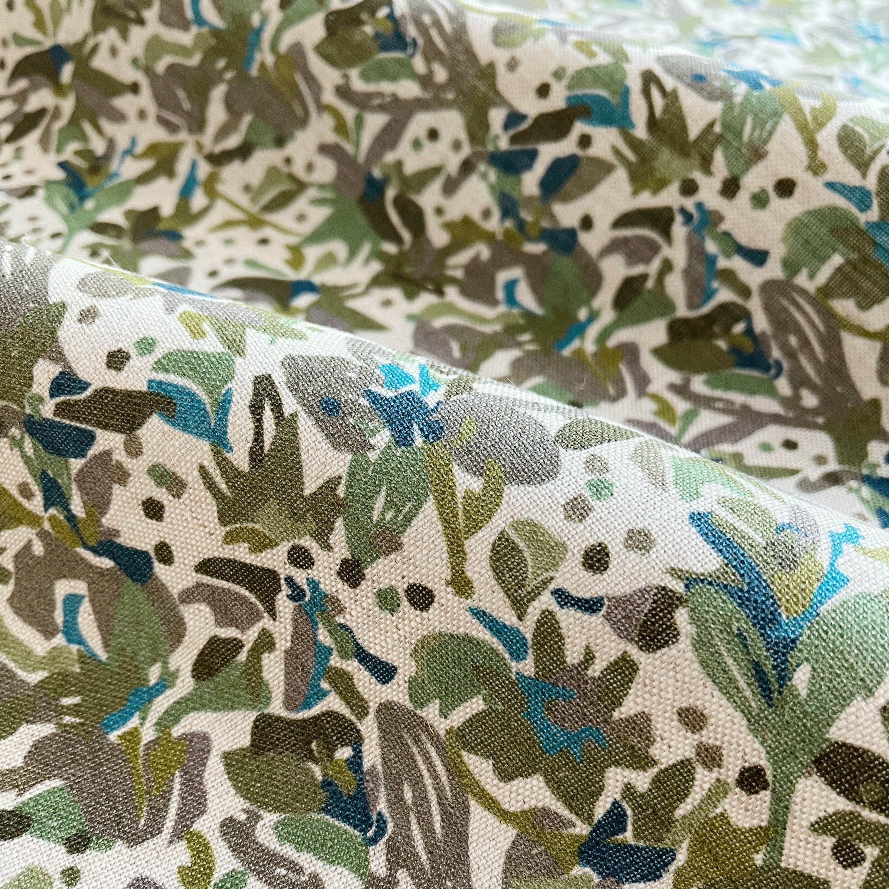 Eden pillow in Emerald – fabric detail showing botanical print and linen texture from Flora Collection