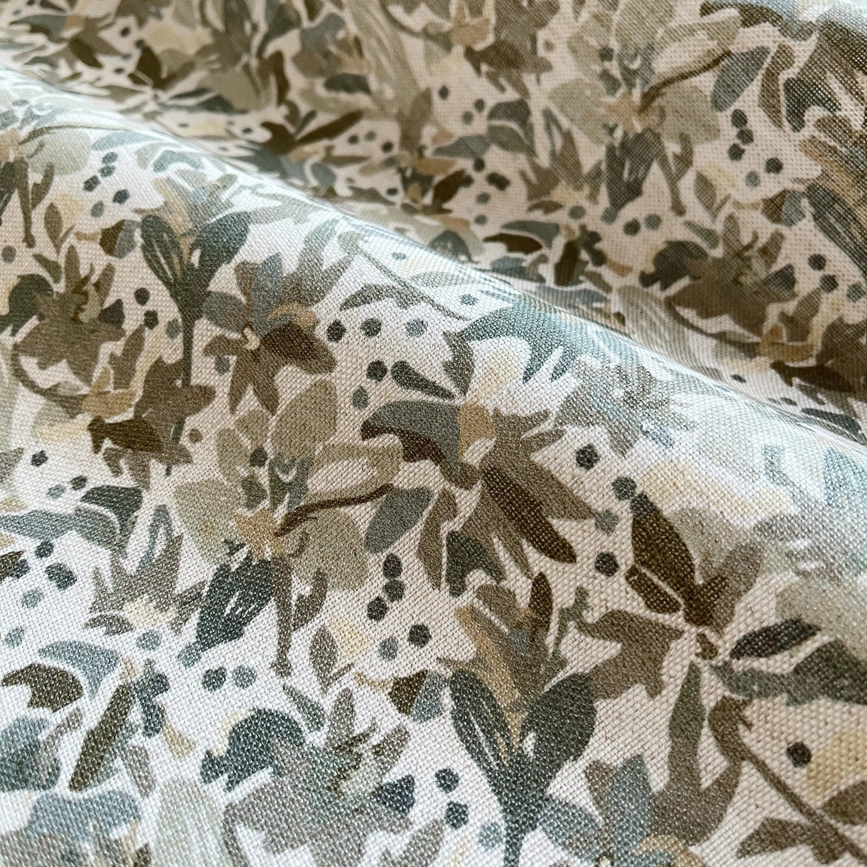 Eden fabric in Lichen by Emily Daws β close-up detail of Belgian linen, Flora Collection
