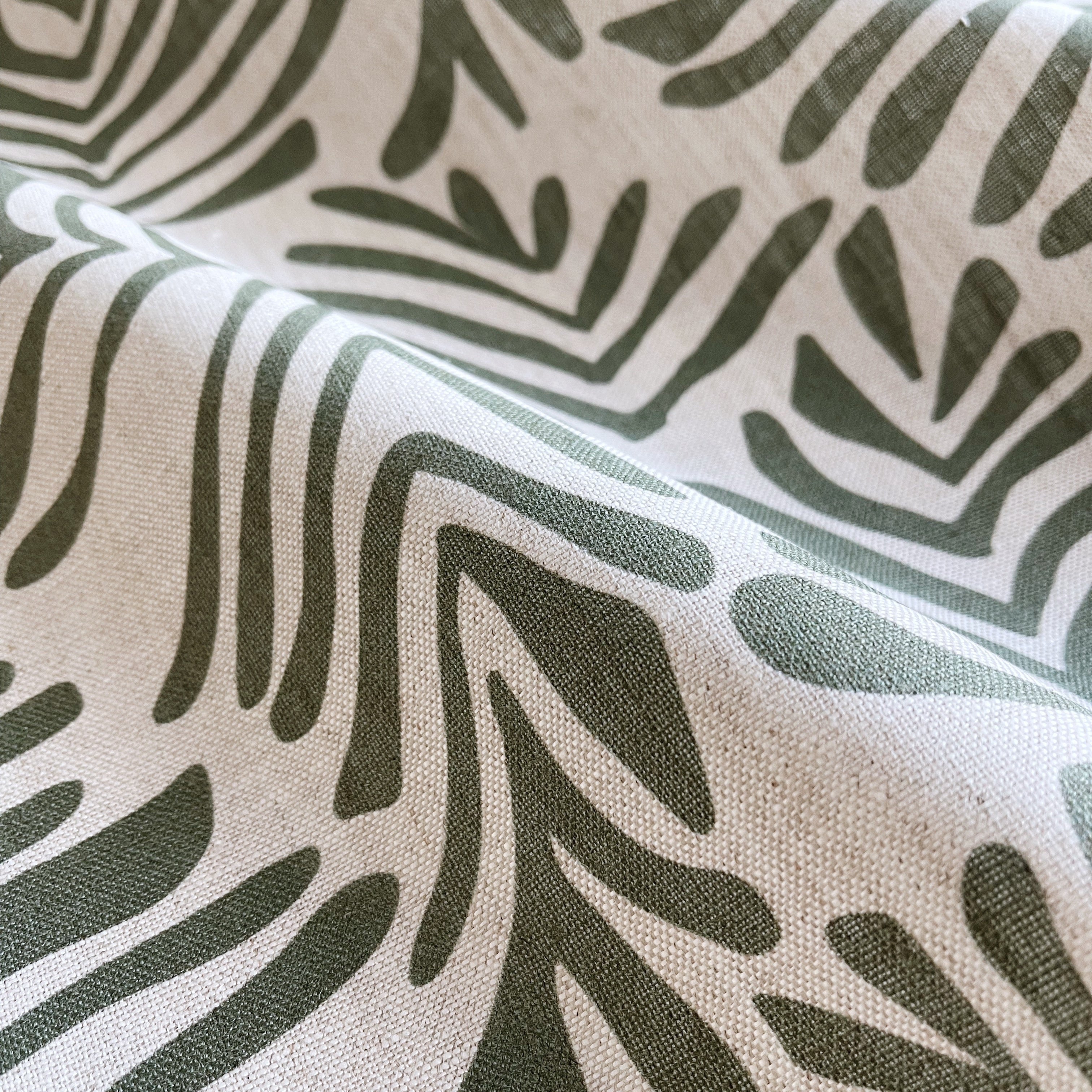 Frond pillow in Alpine – fabric detail showing botanical print and linen texture from Flora Collection