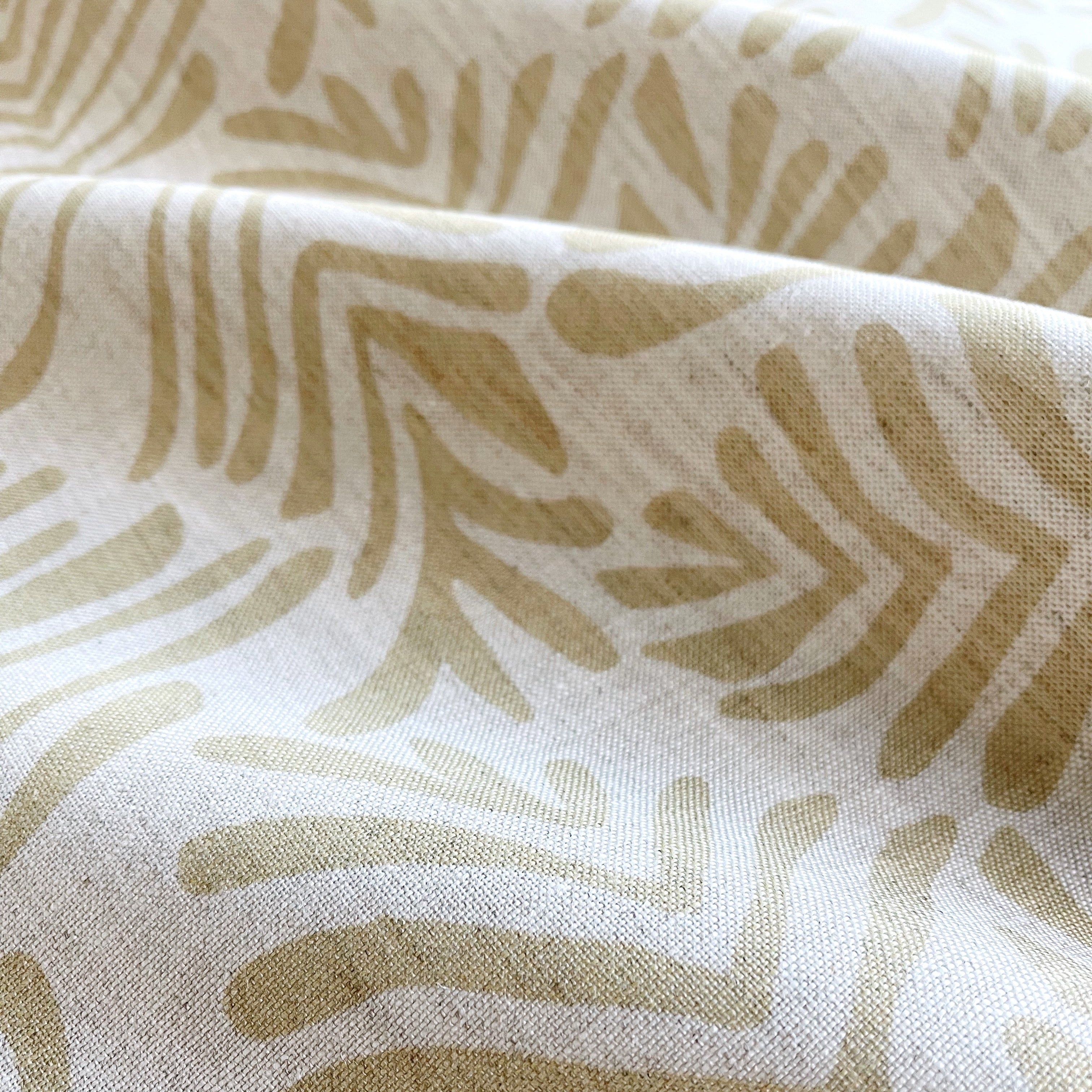 Frond fabric in Marigold β close-up of linen texture and leafy pattern; perfect for pattern sofas