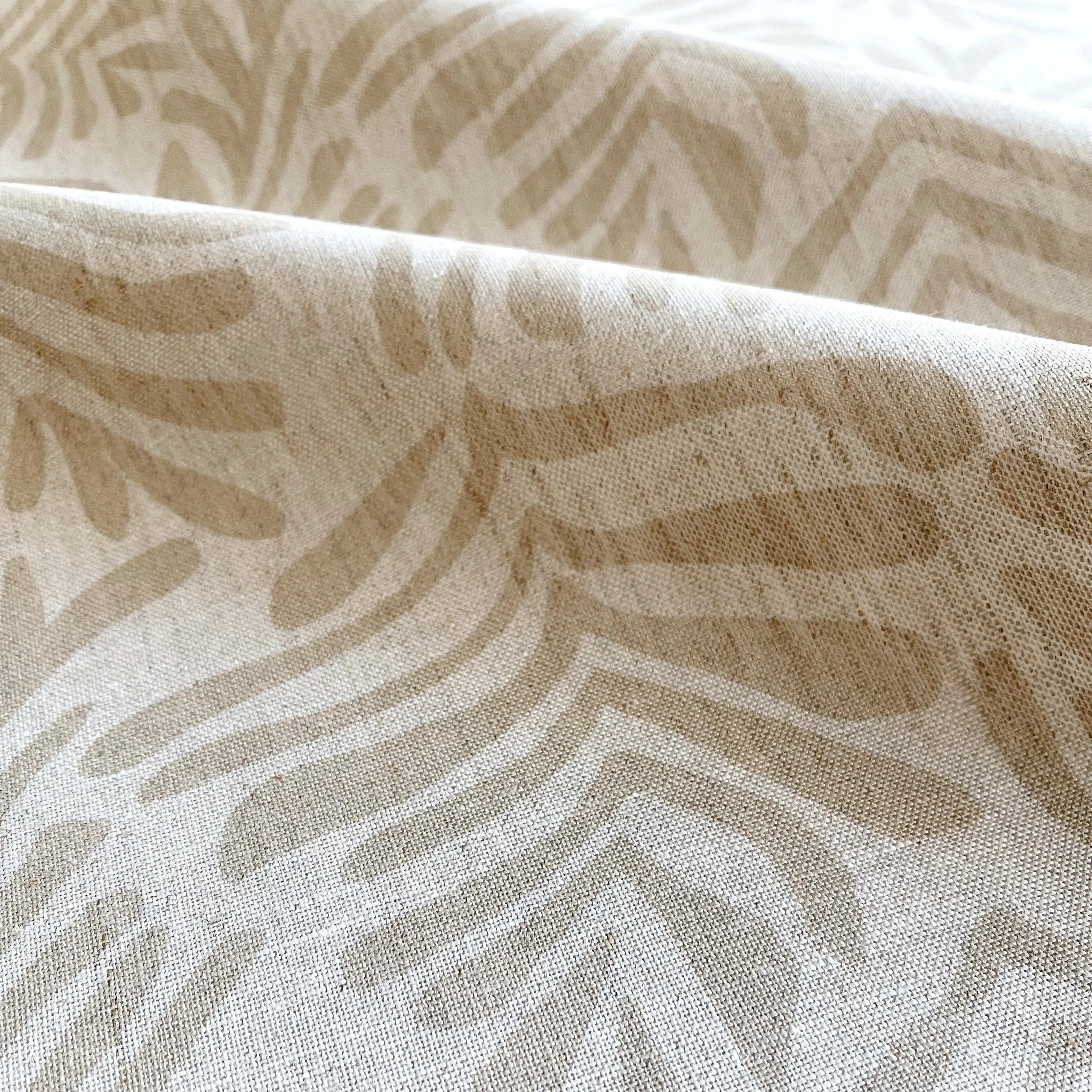 Frond fabric in Truffle by Emily Daws β close-up detail of Belgian linen, Flora Collection