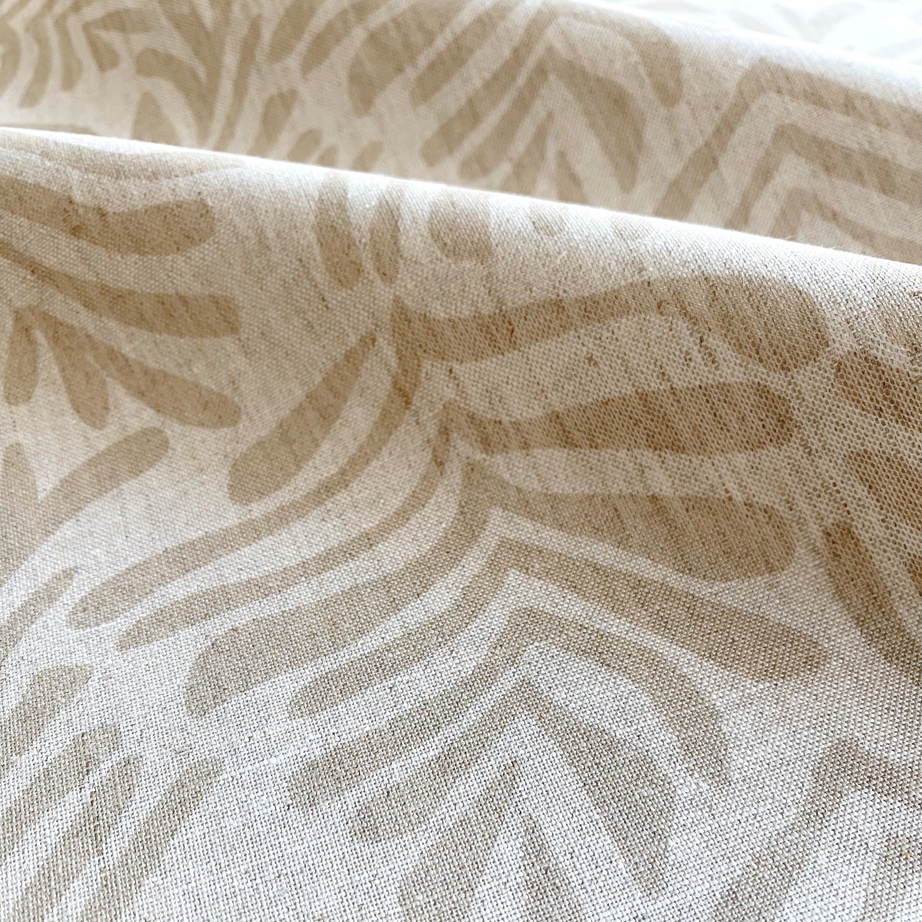 Frond pillow in Truffle β fabric detail showing botanical print and linen texture from Flora Collection