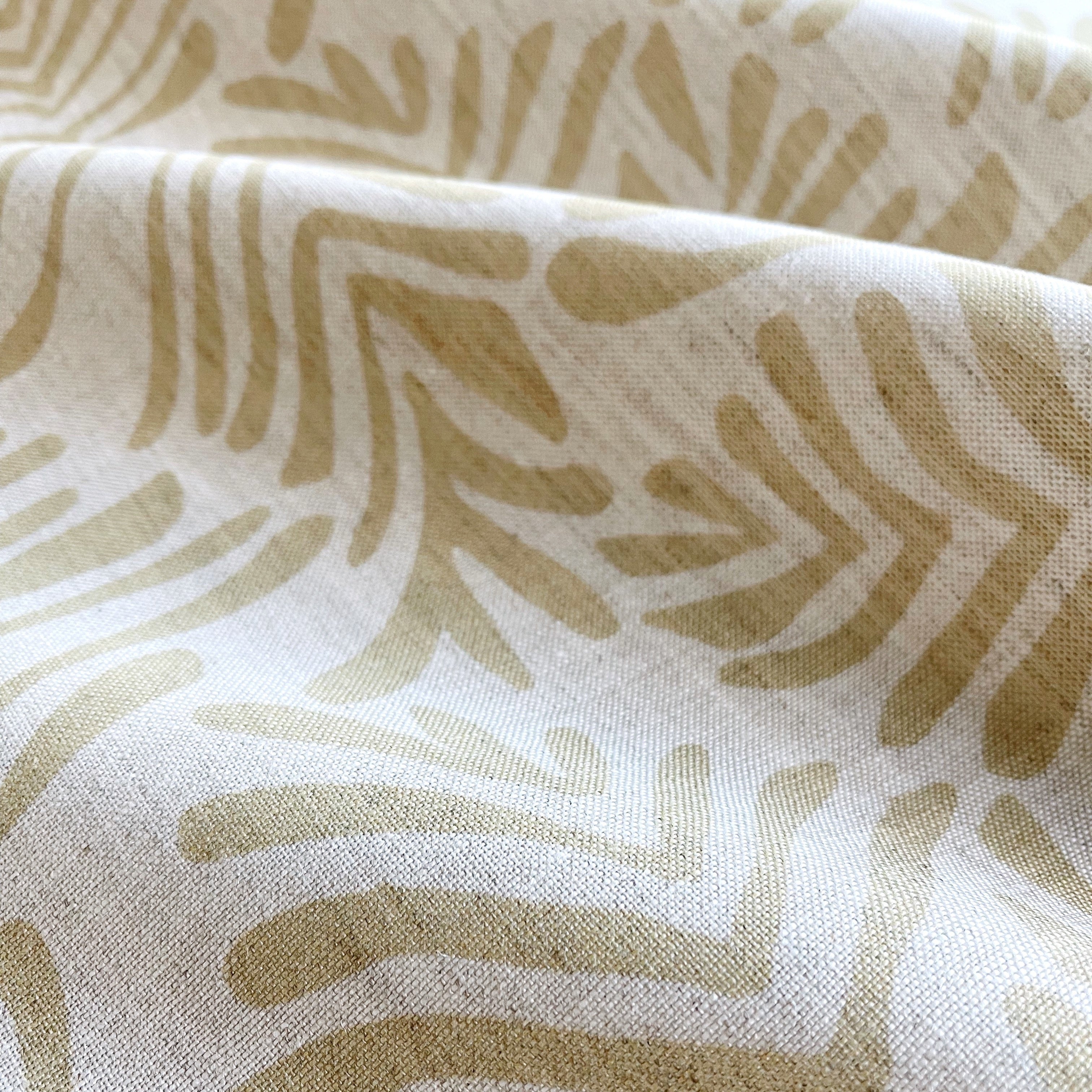 Frond pillow in Marigold – fabric detail showing botanical print and linen texture from Flora Collection