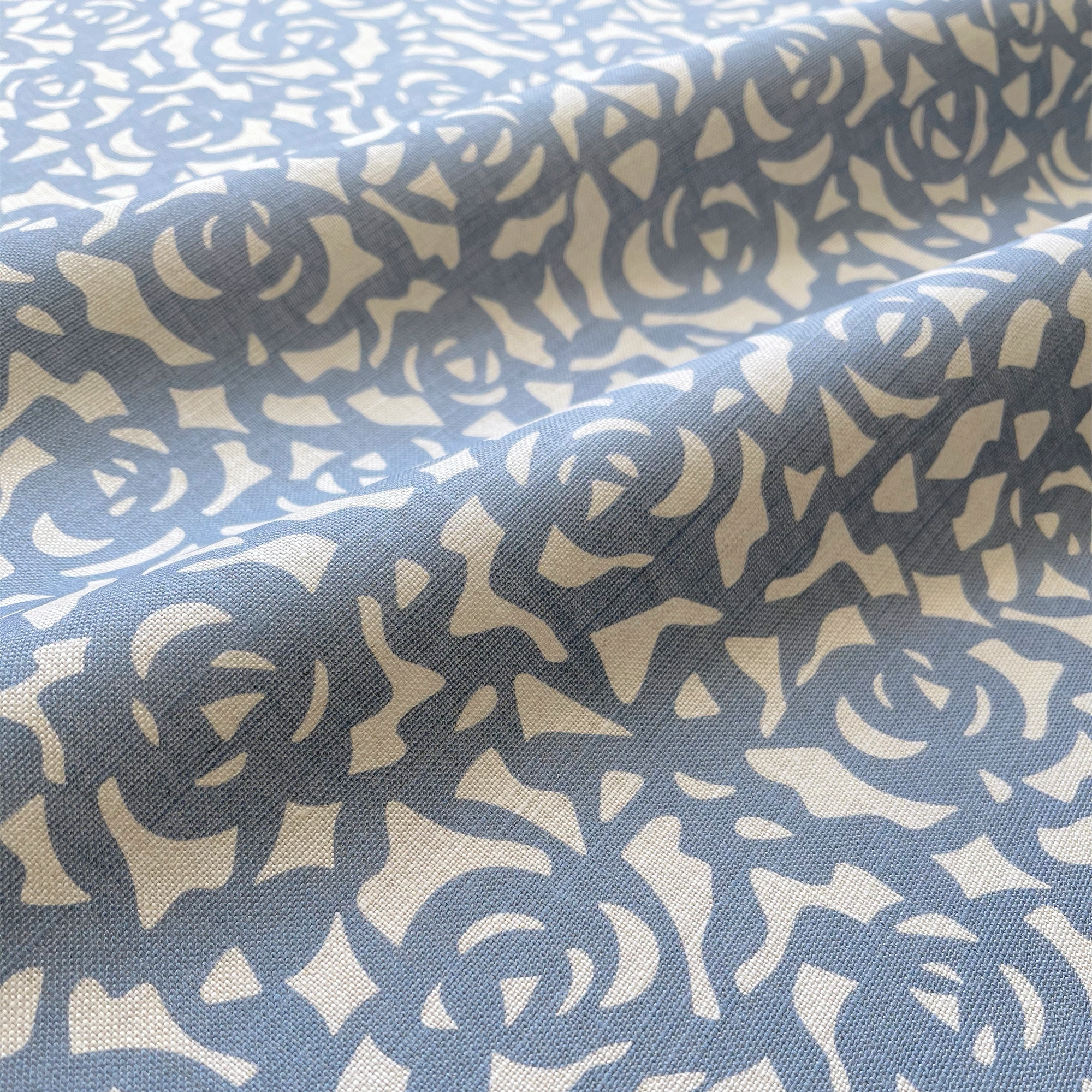 Gardenia fabric in Cobalt by Emily Daws – close-up view showcasing linen texture and design – Charleston fabric by the yard for interiors