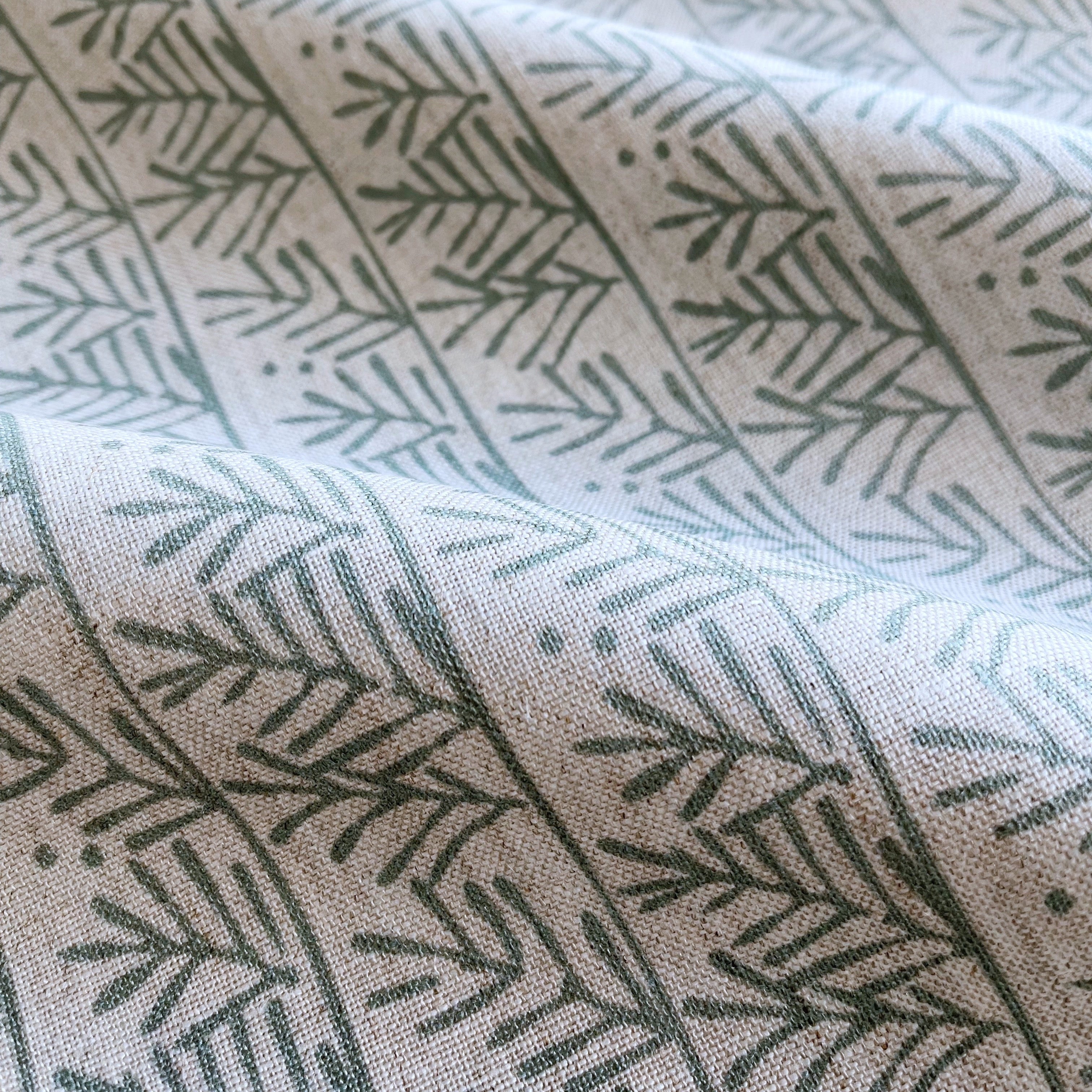 Hemlock fabric in Mineral – close-up of linen texture and leafy pattern; perfect for pattern sofas