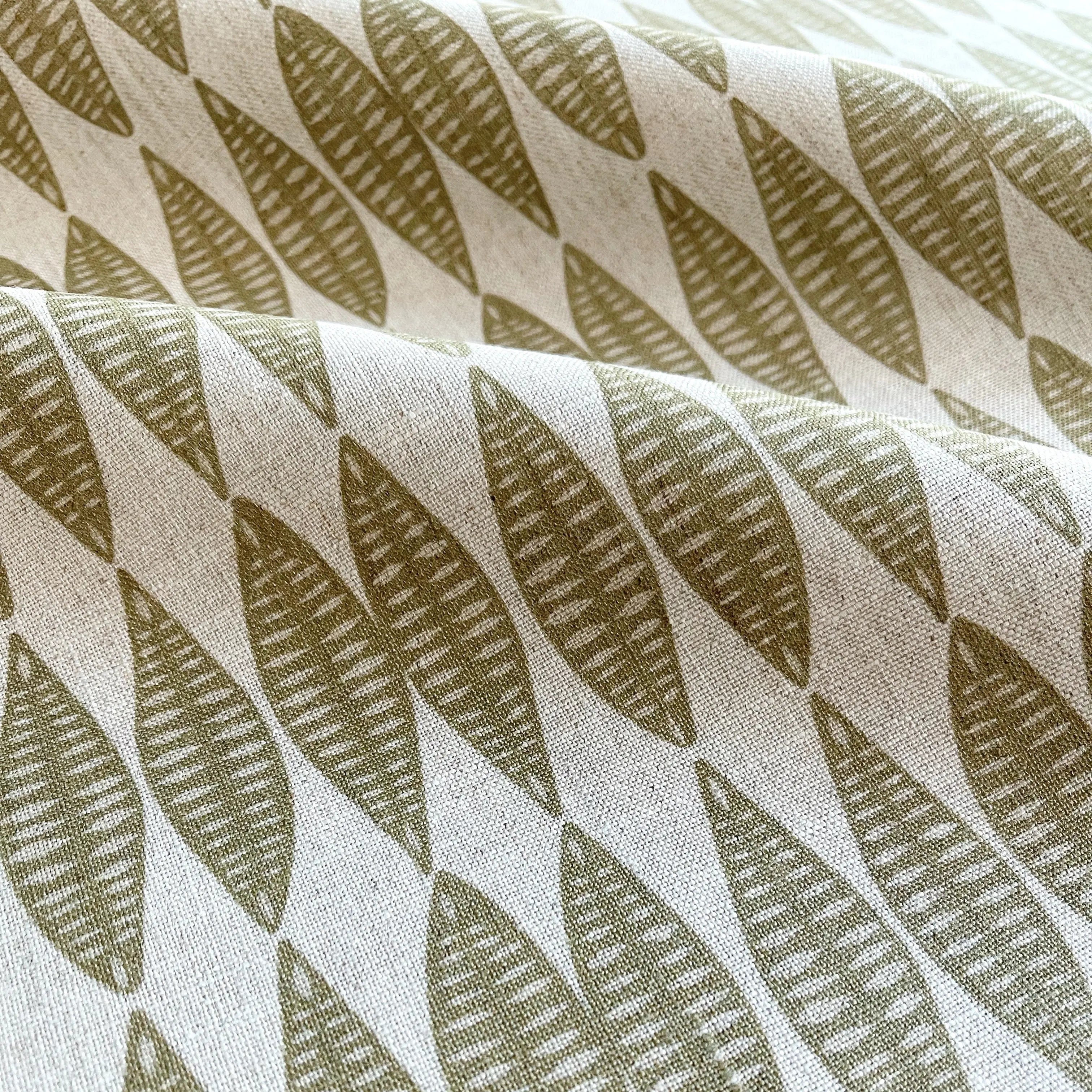 Leaflette fabric in Lemongrass by Emily Daws — close-up detail of Belgian linen, Flora Collection