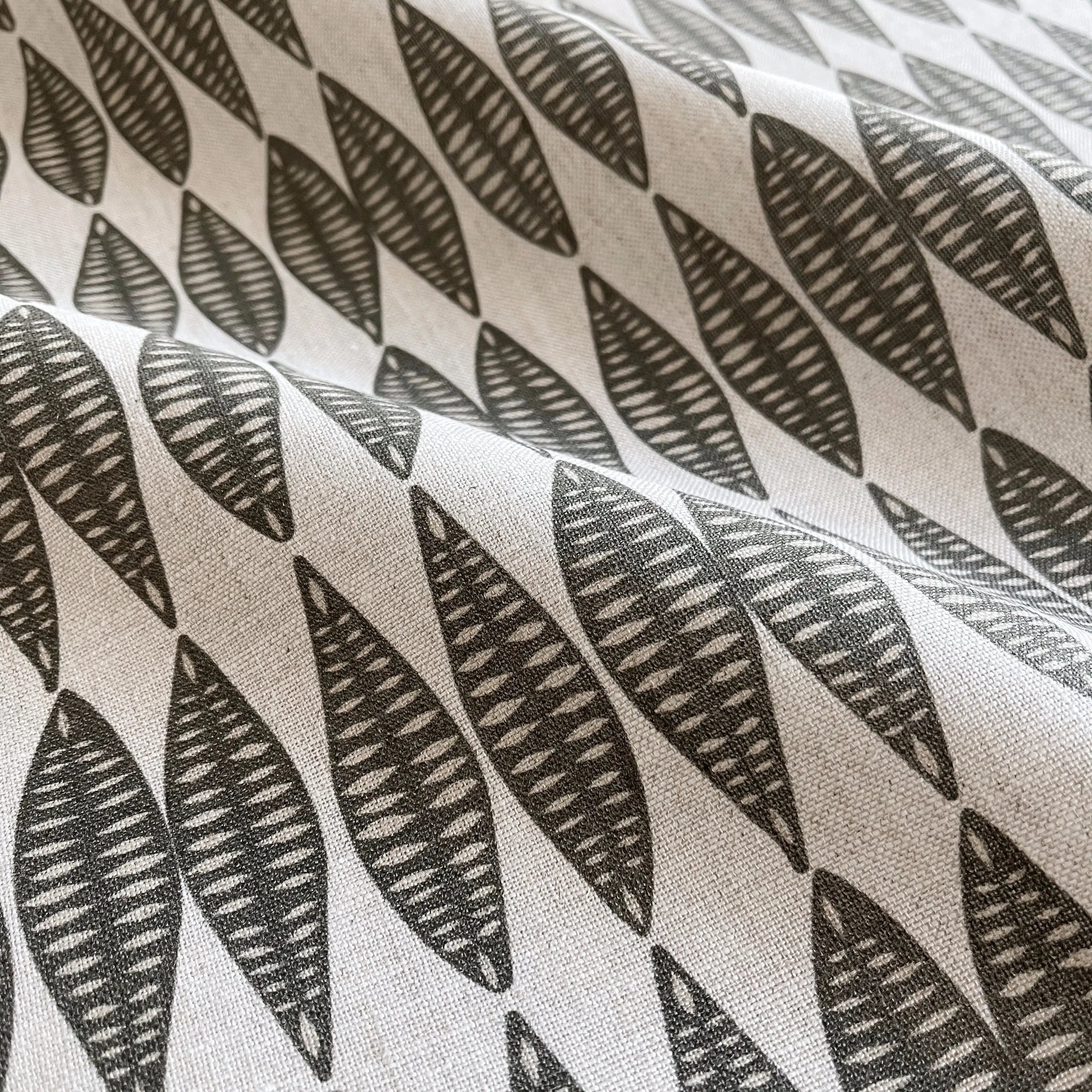 Leaflette fabric in Peppercorn by Emily Daws — close-up detail of Belgian linen, Flora Collection