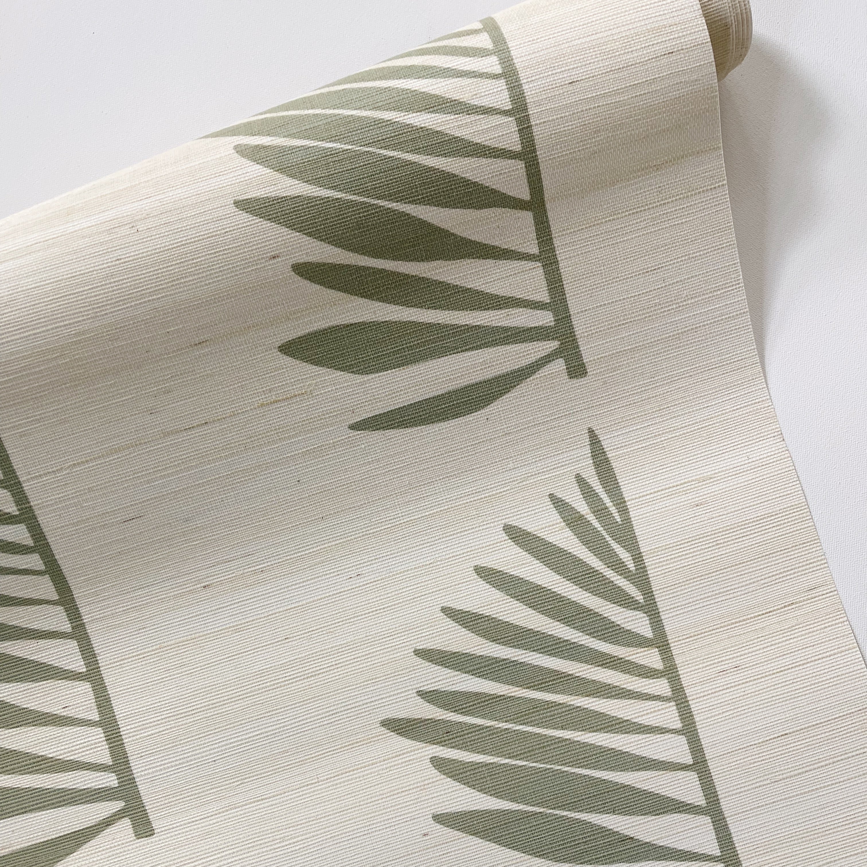 Palmetto Grasscloth wallpaper in Sage by Emily Daws – product view of repeating motif for interior walls