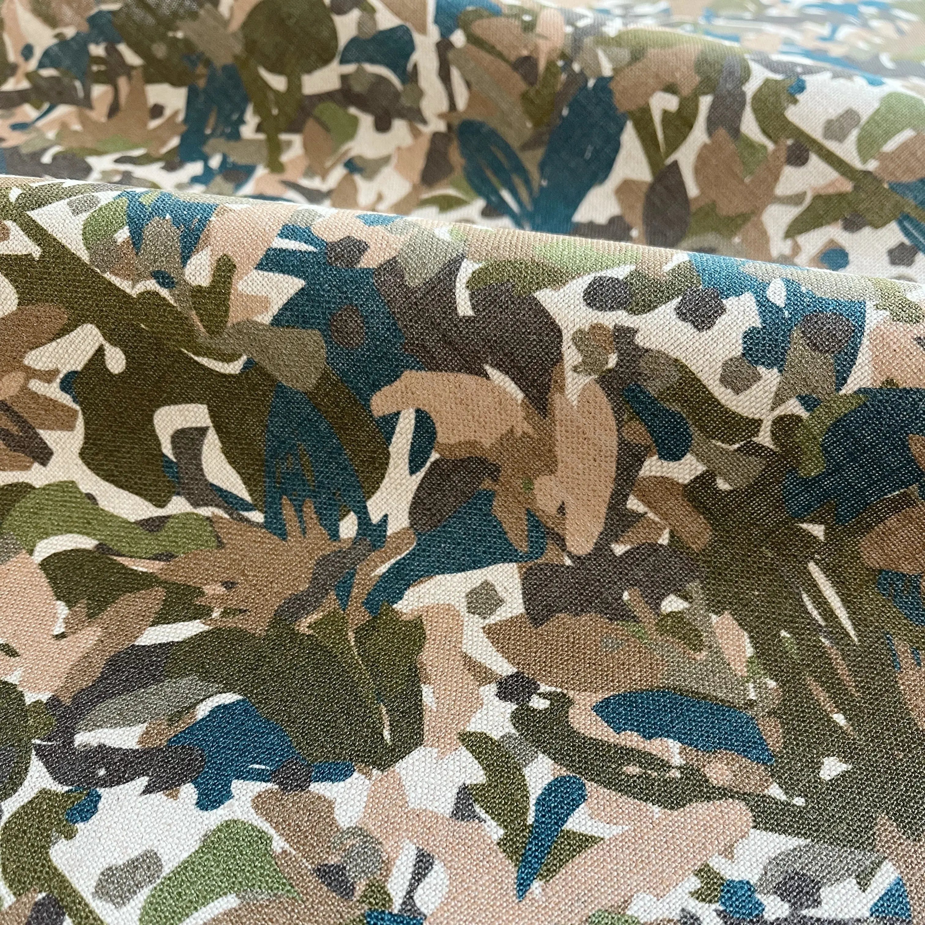 Thicket fabric in Olive by Emily Daws — close-up detail of Belgian linen, Flora Collection