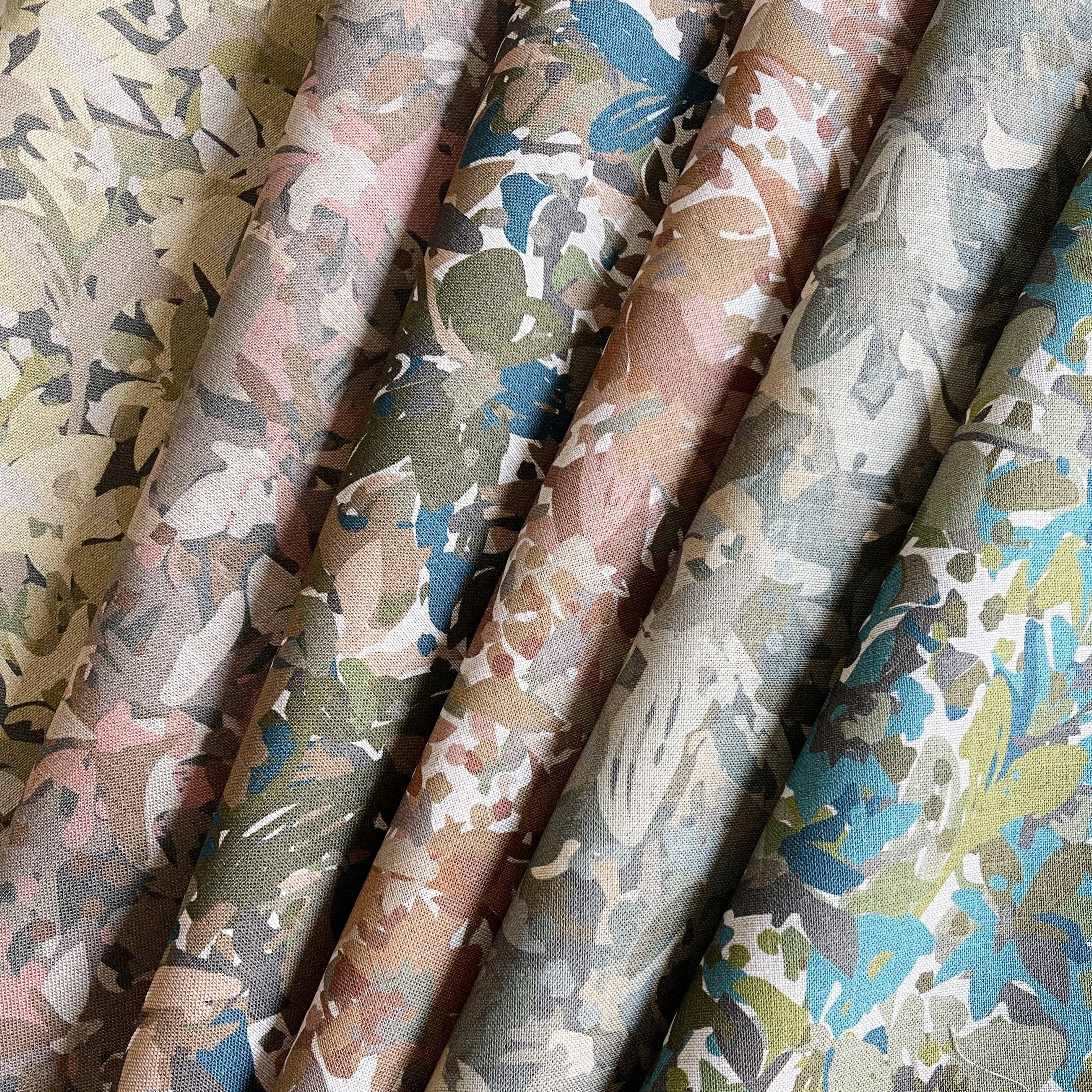 Thicket fabric in Shale styled by Emily Daws – cozy countryside look for floral curtains or cushions