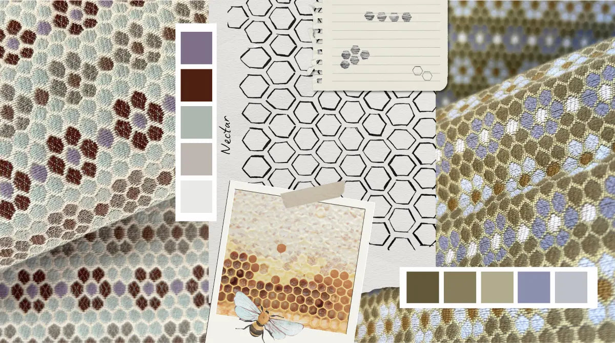 Emily Daws woven Nectar fabric mood board featuring Nectar in Sugar Plum and Savannah