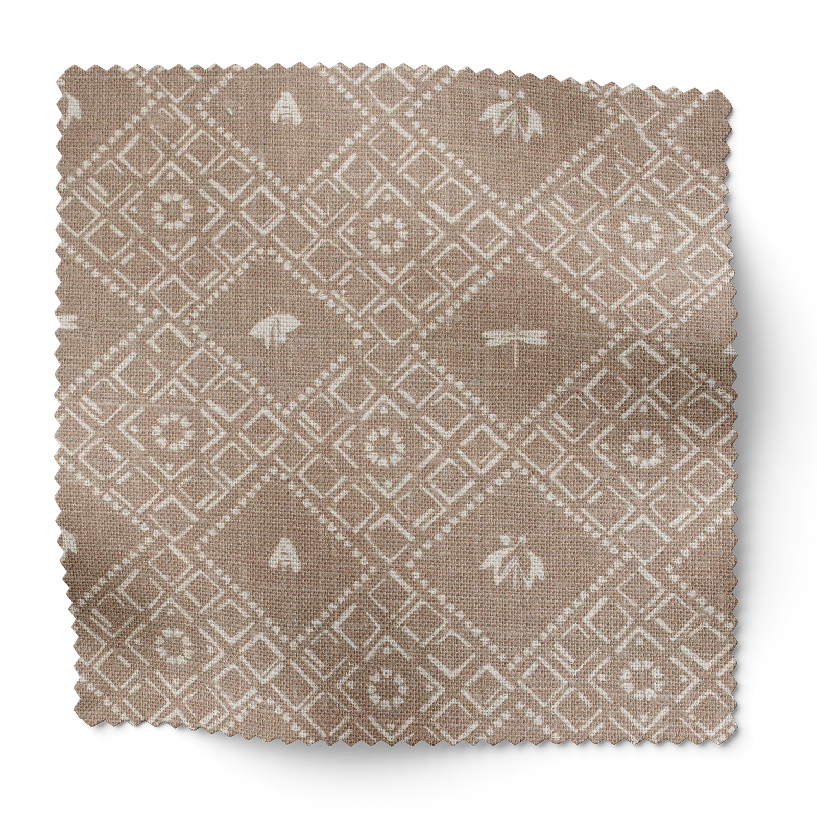 Americana fabric in Cumin by Emily Daws – forest-inspired swatch with dotted and organic motifs