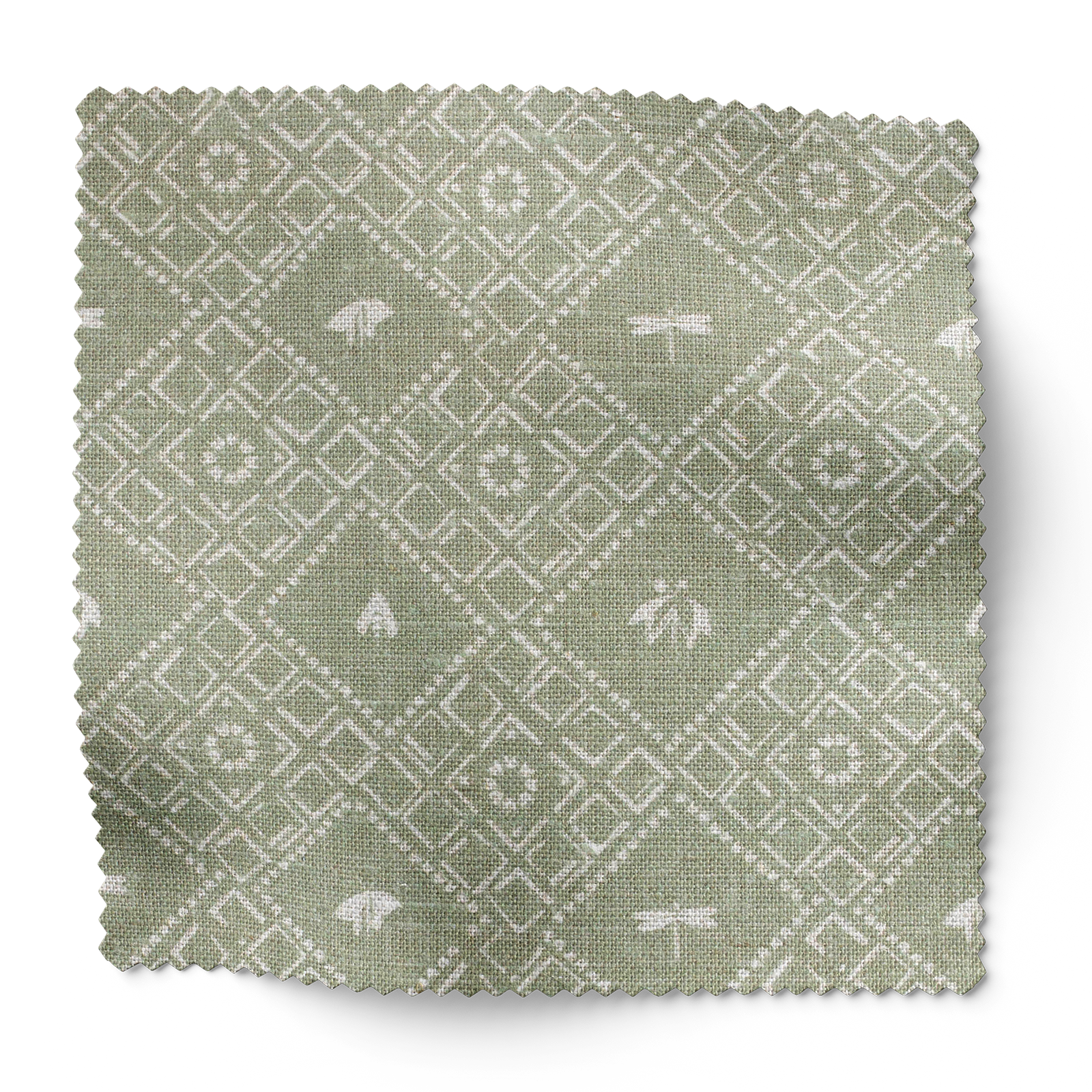 Americana fabric in Edamame by Emily Daws – forest-inspired swatch with dotted and organic motifs