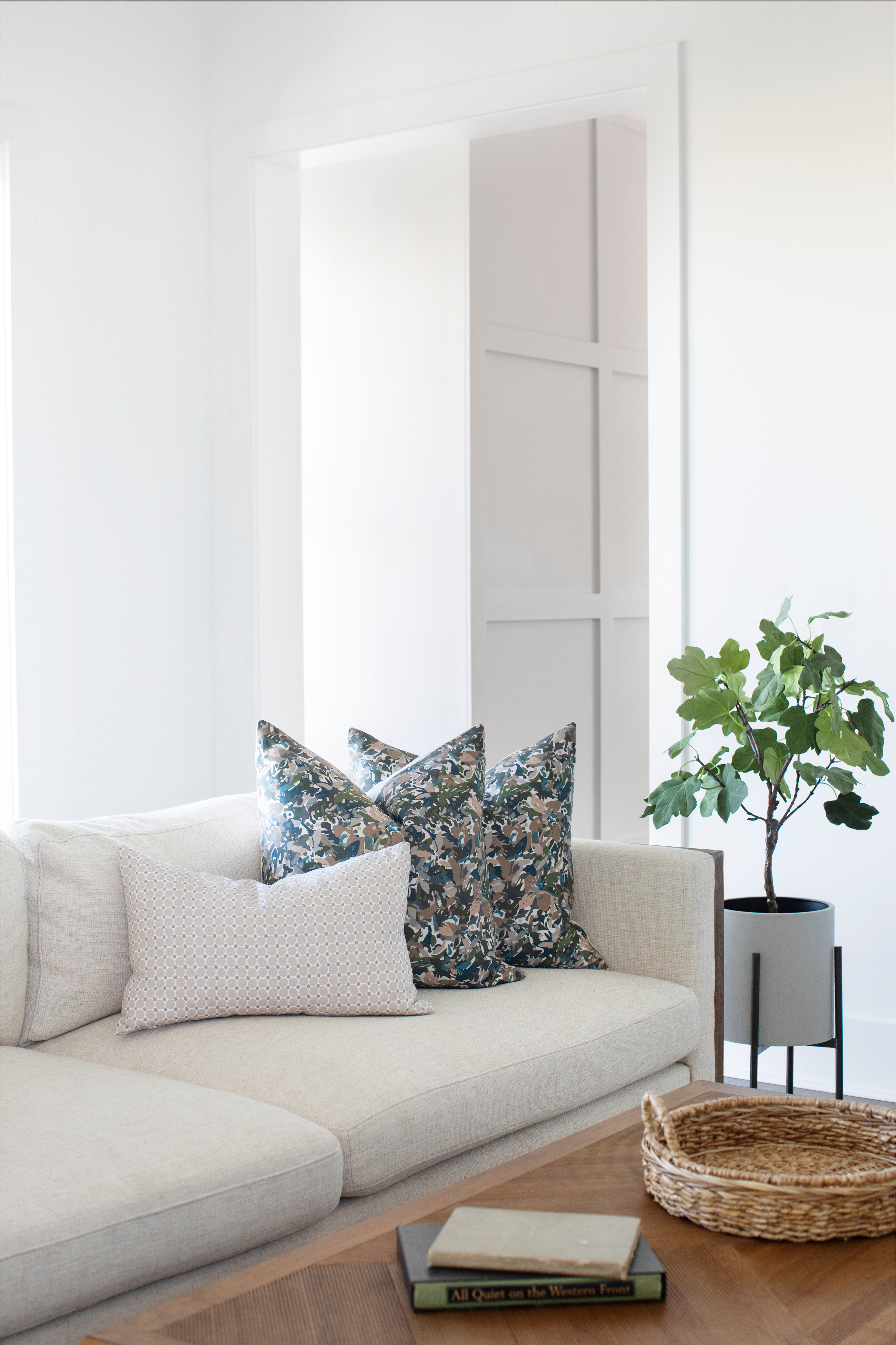 Cobblestone pillow in Buff styled by Emily Daws – mixed with other patterns in a classic Southern bedroom