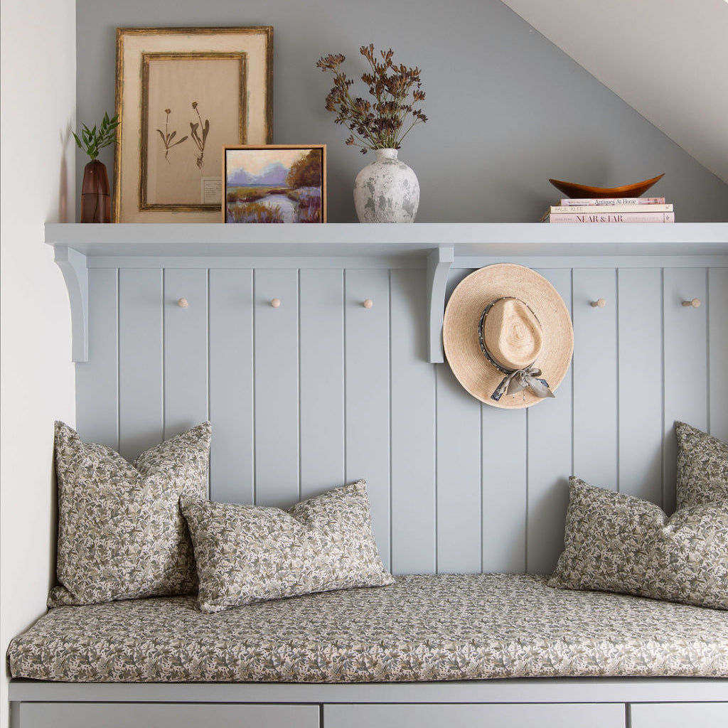 Eden fabric in Lichen styled by Emily Daws – cozy countryside look for floral curtains or cushions