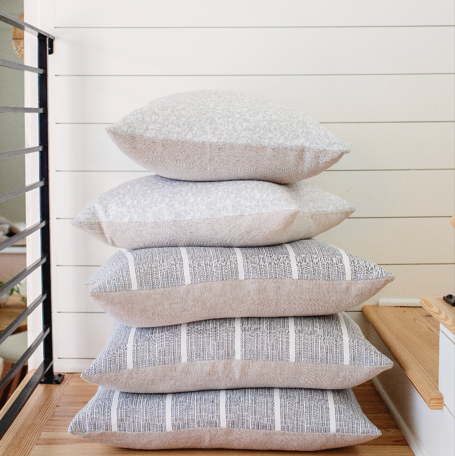  Emily Daws pillow Stack in Belgian linen fabrics, created for trade professionals and clients.

