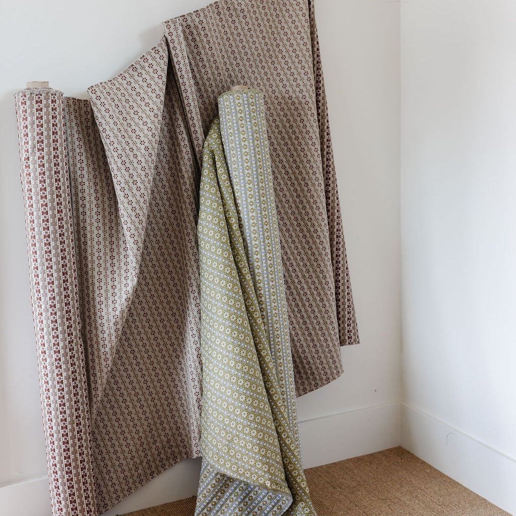 Designer fabric by Emily Daws in Belgian linen, perfect for pillows, drapery, and Southern-inspired interiors.