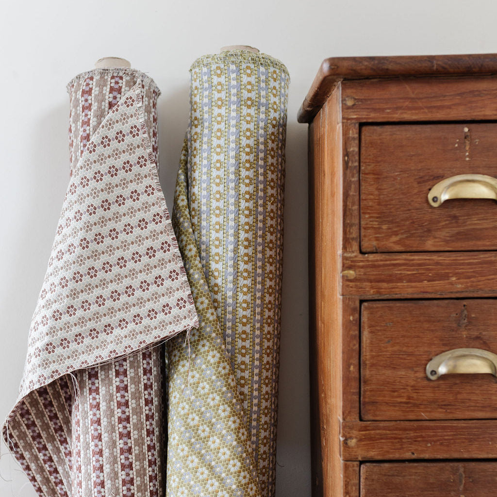Emily Daws fabric on Belgian linen, perfect for drapery, Roman shades, and bespoke interiors with Southern character.
