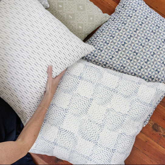 Speckled Check fabric in Topaz by Emily Daws styled in an interior — Fauna Collection