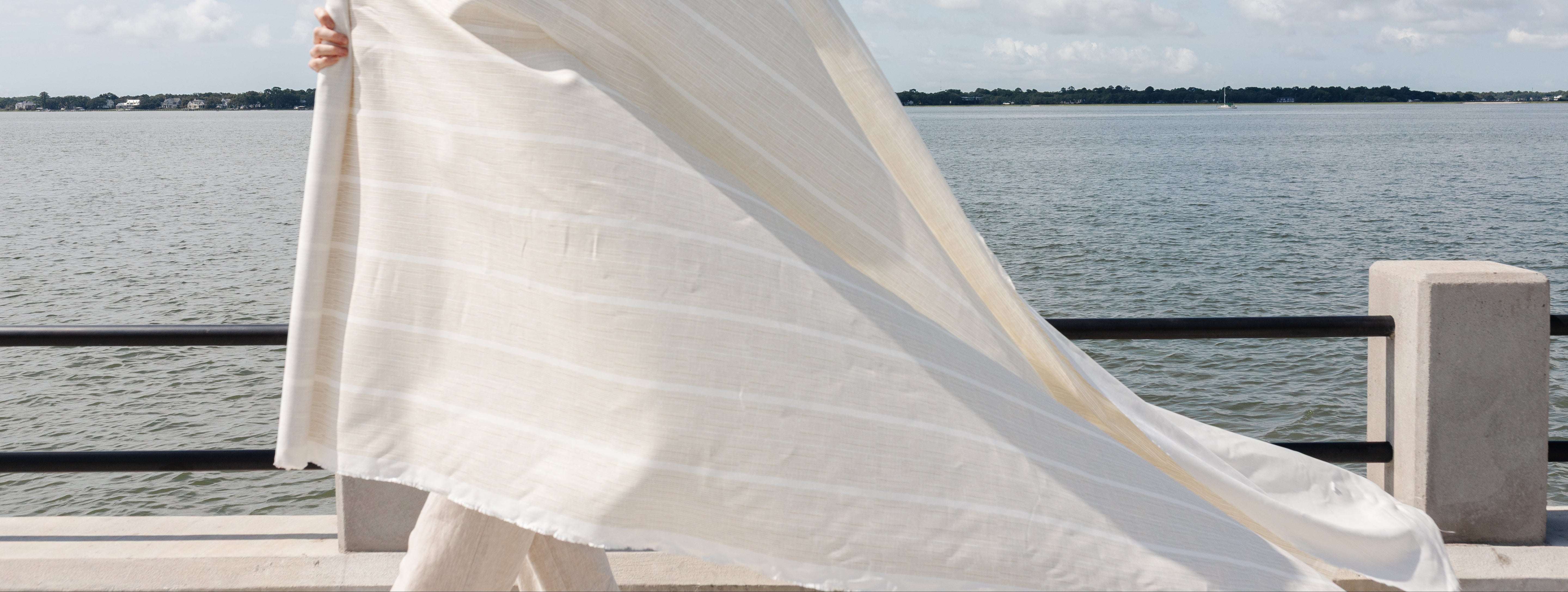 Emily Daws Sandbar Fabric by the yard pictured with Charleston Harbor