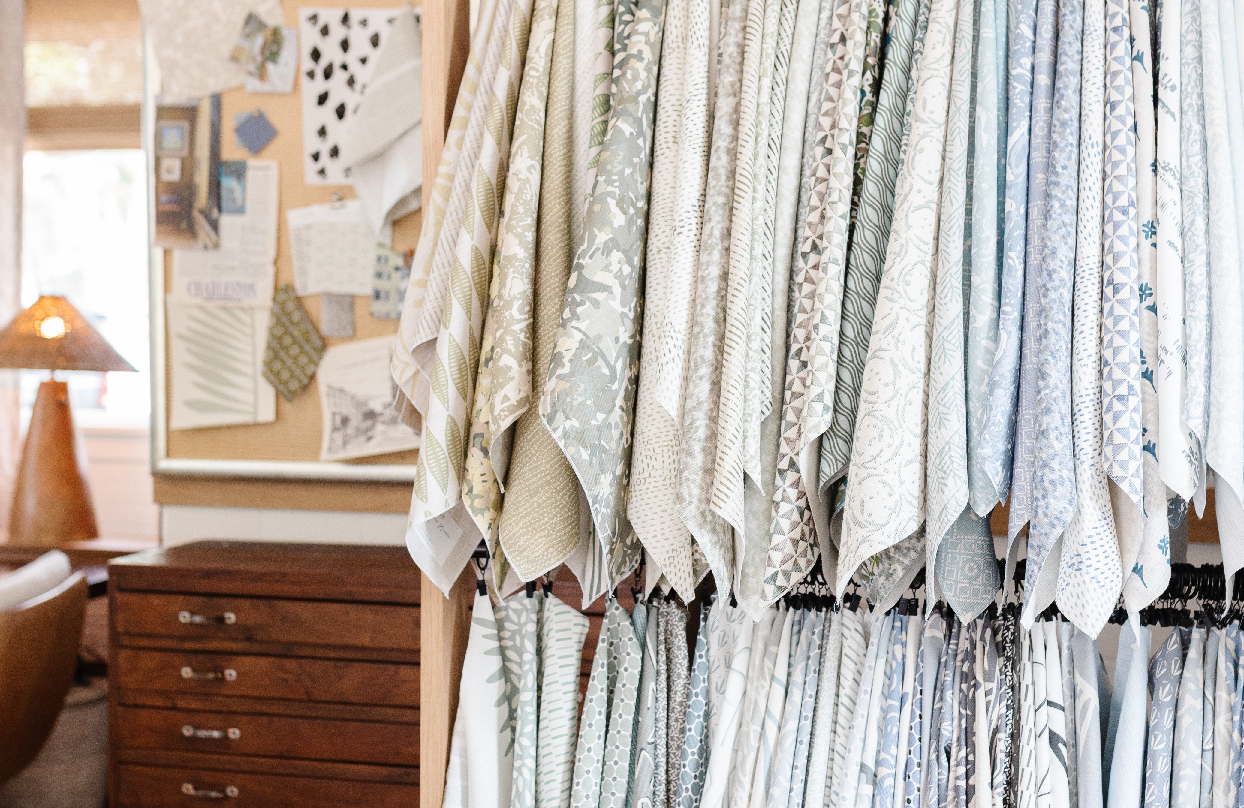 Southern-inspired linen fabric hanging in showroom