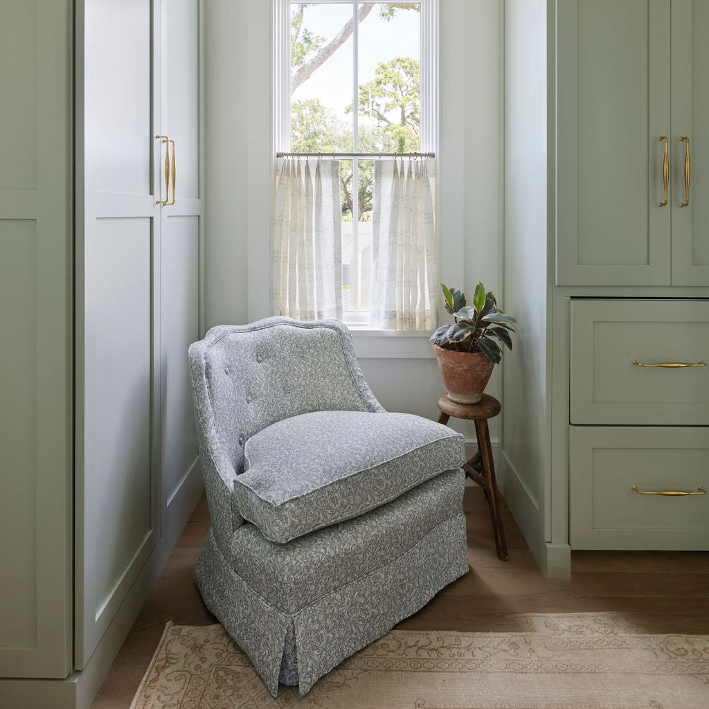 Estuary fabric in Artichoke by Emily Daws – styled in a Charleston coastal home; perfect for pillows, window treatments, or accent upholstery – Waterways fabric collection; Charleston luxury fabric by the yard for interiors and coastal homes
