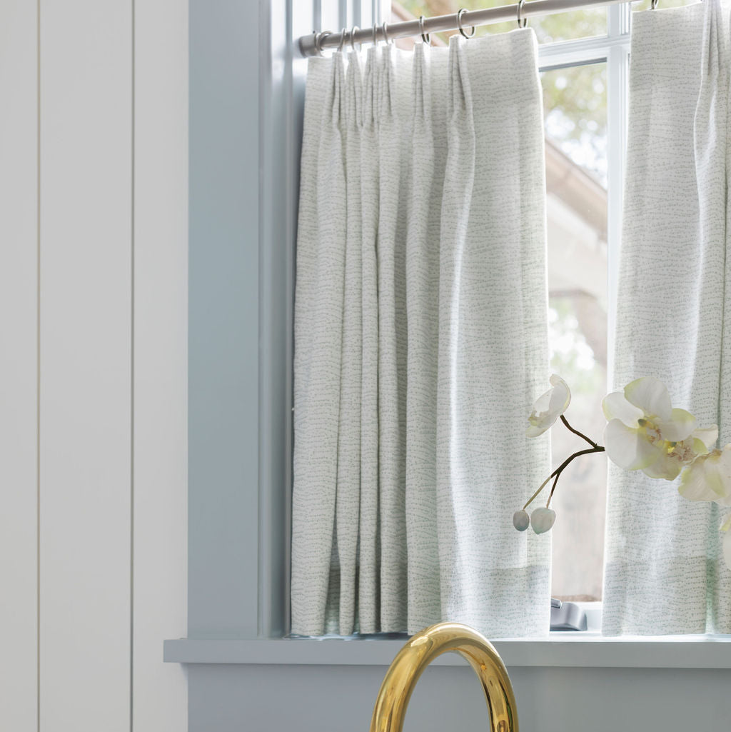 Harbor fabric in Celadon by Emily Daws – styled in a Charleston coastal home; perfect for pillows, window treatments, or accent upholstery – Waterways fabric collection; Charleston luxury fabric by the yard for interiors and coastal homes